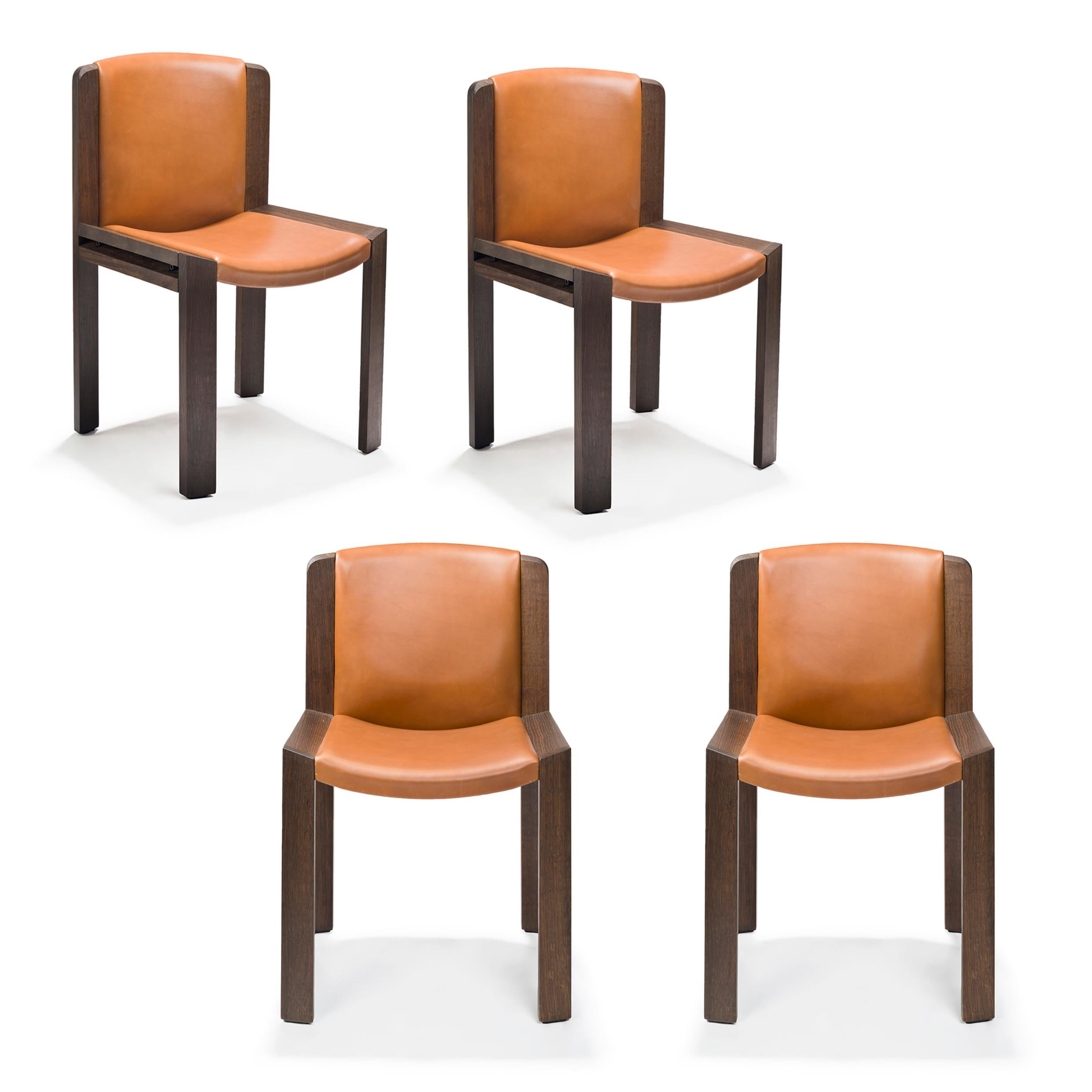 Mid-Century Modern Set of Six Joe Colombo 'Chair 300' Wood and Sørensen Leather by Karakter