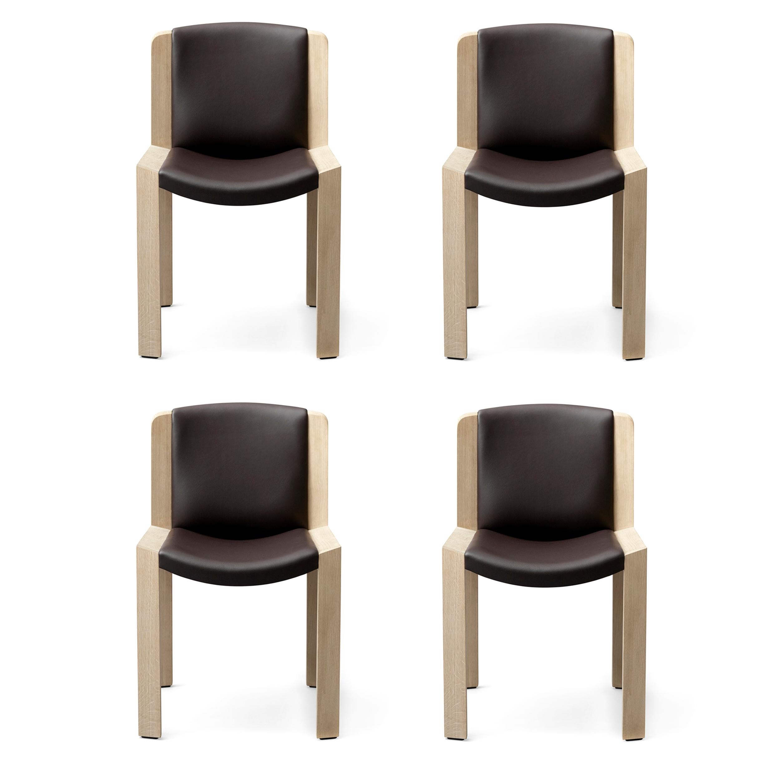 Mid-Century Modern Set of Six Joe Colombo 'Chair 300' Wood and Sørensen Leather by Karakter