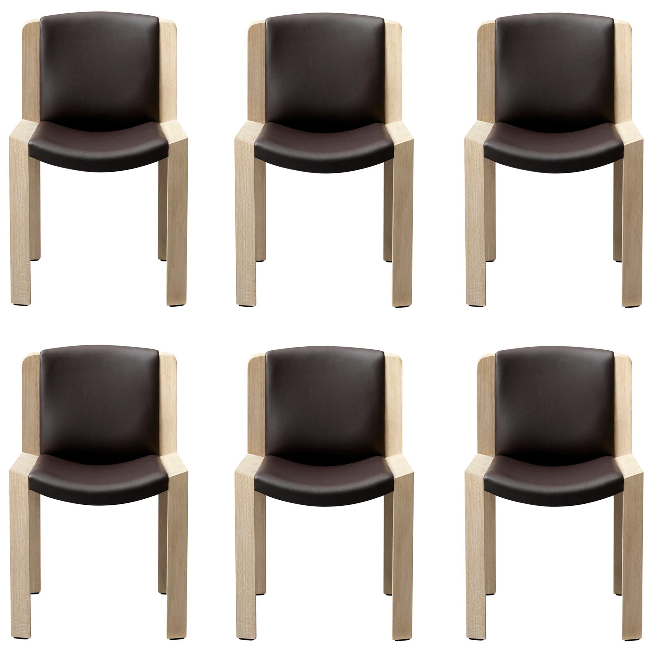 Set of Six Joe Colombo 'Chair 300' Wood and Sørensen Leather by Karakter