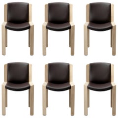 Set of Six Joe Colombo 'Chair 300' Wood and Sørensen Leather by Karakter