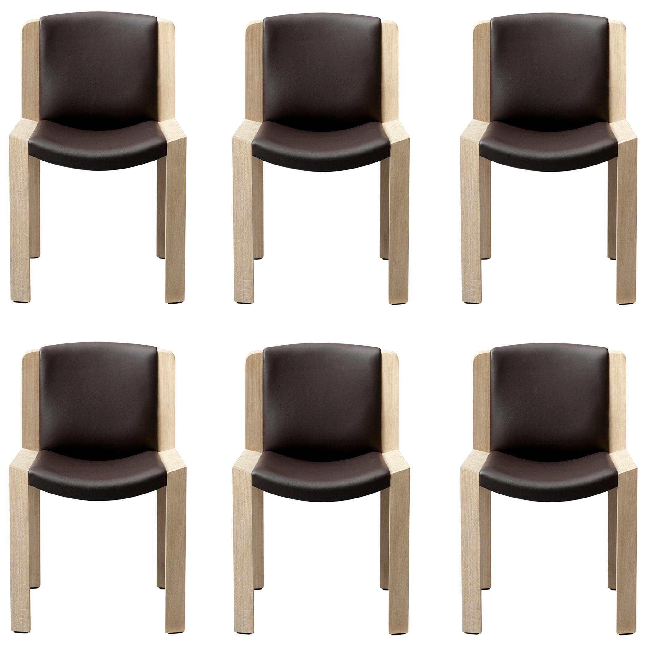 Set of Six Joe Colombo 'Chair 300' Wood and Sørensen Leather by Karakter For Sale
