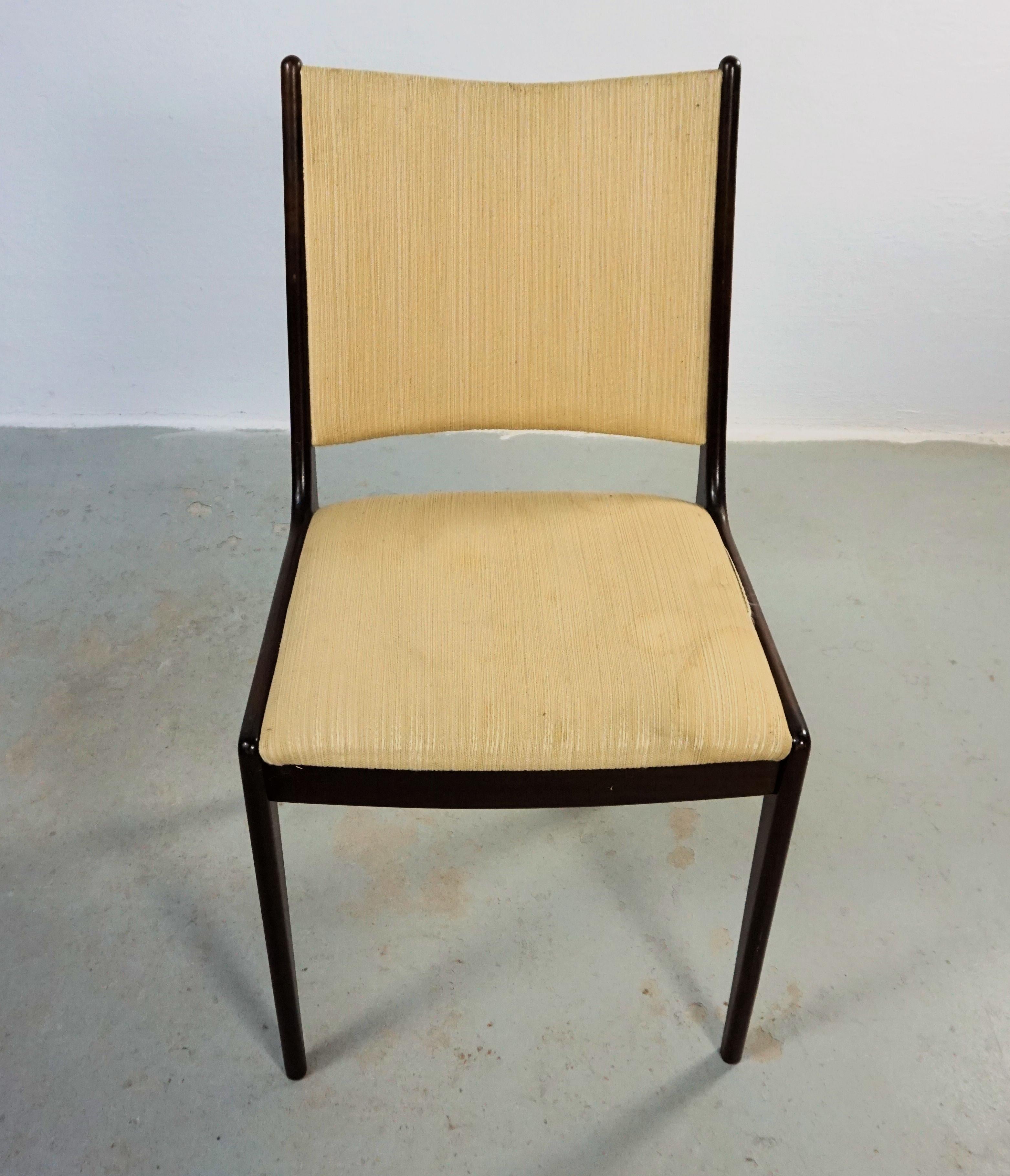 Scandinavian Modern Six Restored Johannes Andersen Mahogany Dining Chairs Custom Upholstery Included For Sale