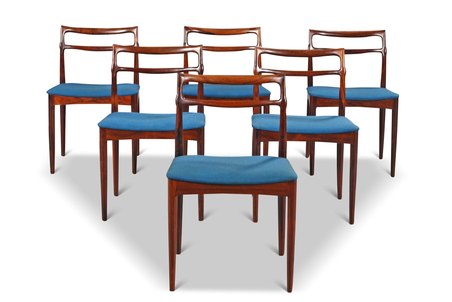 Mid-Century Modern Ensemble de six chaises de salle à manger en bois de rose de Johannes Andersen produites par Chr. Linneberg en vente