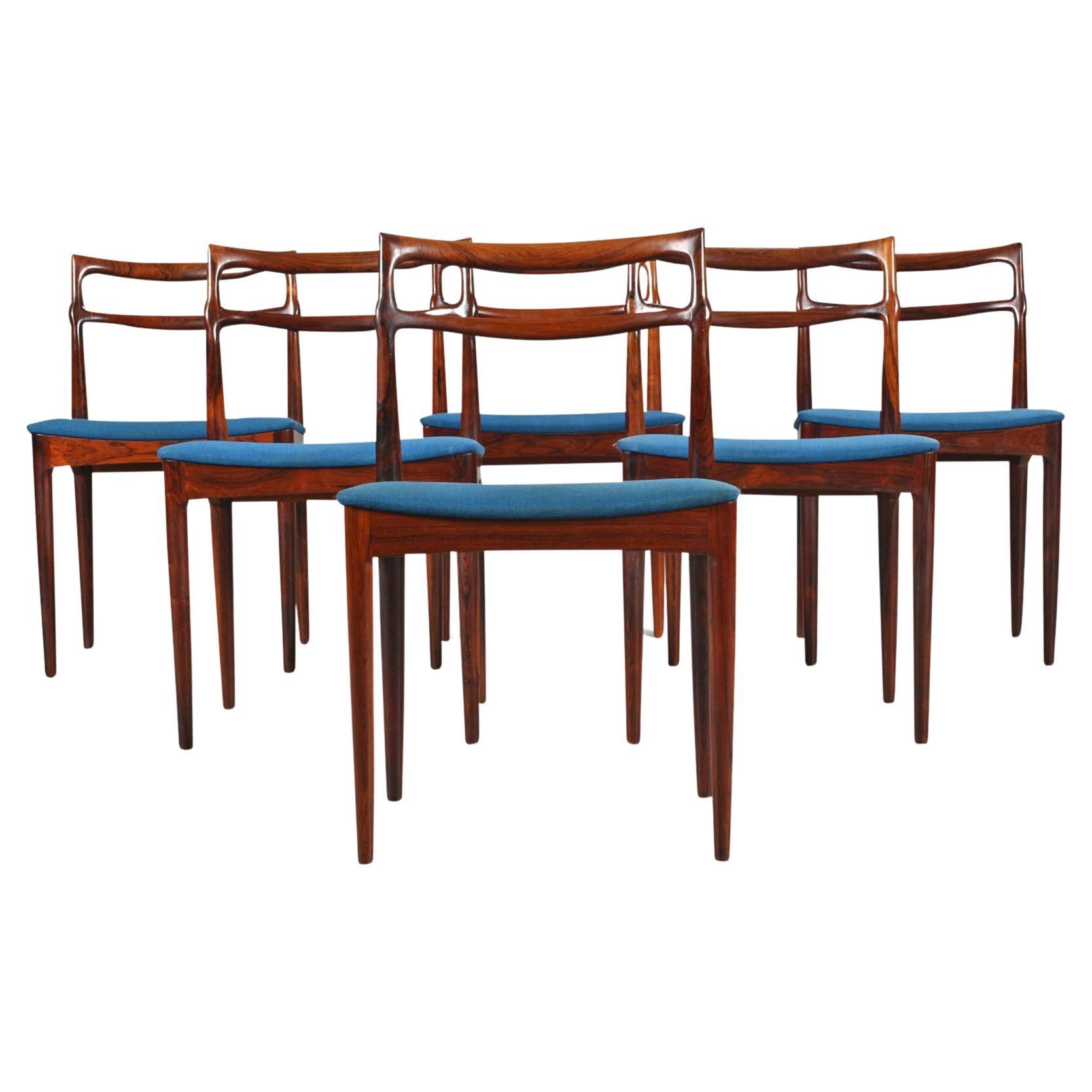 Ensemble de six chaises de salle à manger en bois de rose de Johannes Andersen produites par Chr. Linneberg en vente