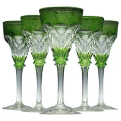 Set of Six John Walsh Cut and Engraved Green Wine Glasses, circa 1930