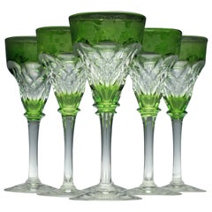 Vintage Set of Six John Walsh Cut and Engraved Green Wine Glasses, circa 1930