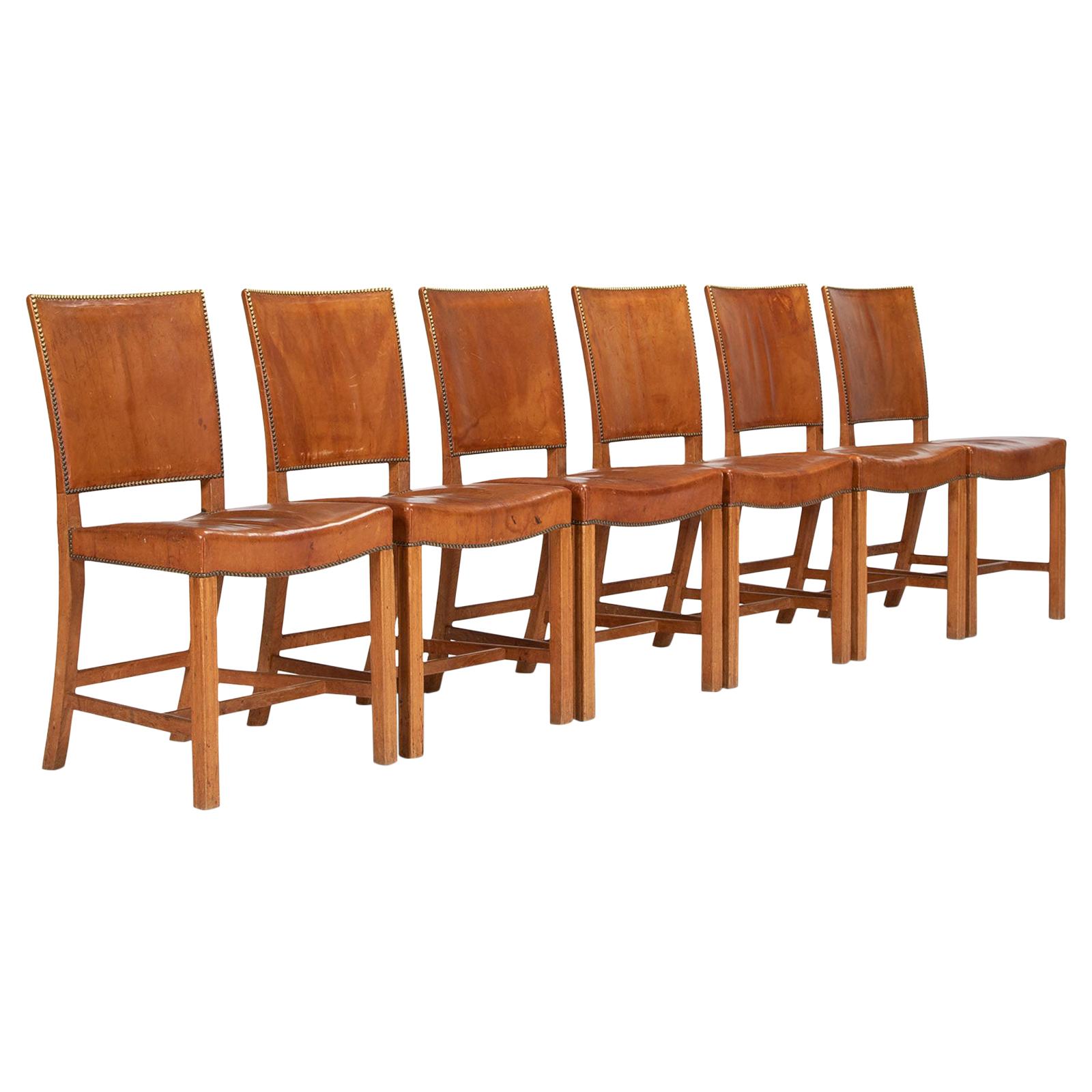 Set of Six Kaare Klint Dining Chairs with Original Leather For Sale