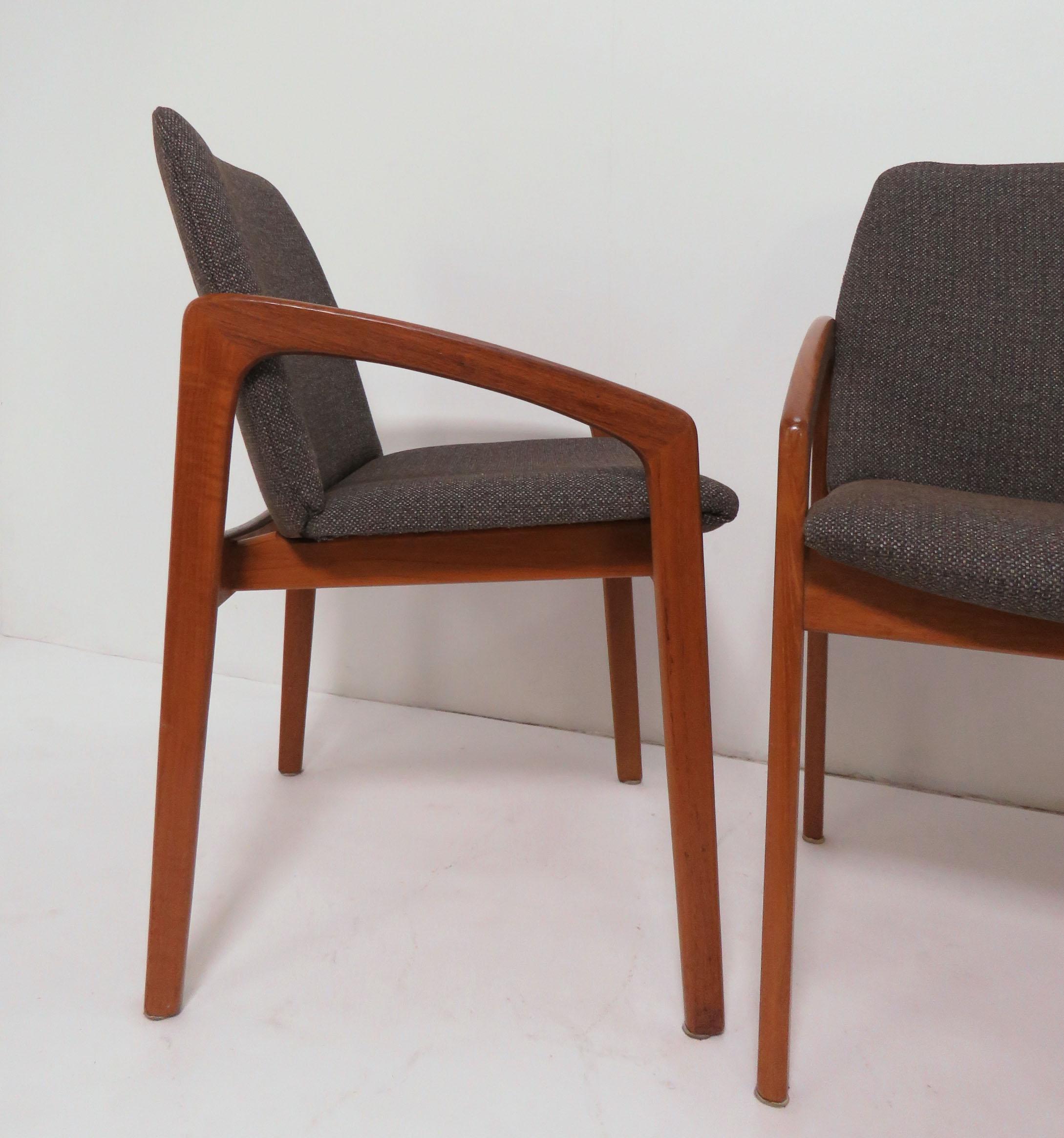 Set of six teak dining chairs with down swept canted arms by Kai Kristiansen for K.S. Mobler, Denmark, circa 1960s.