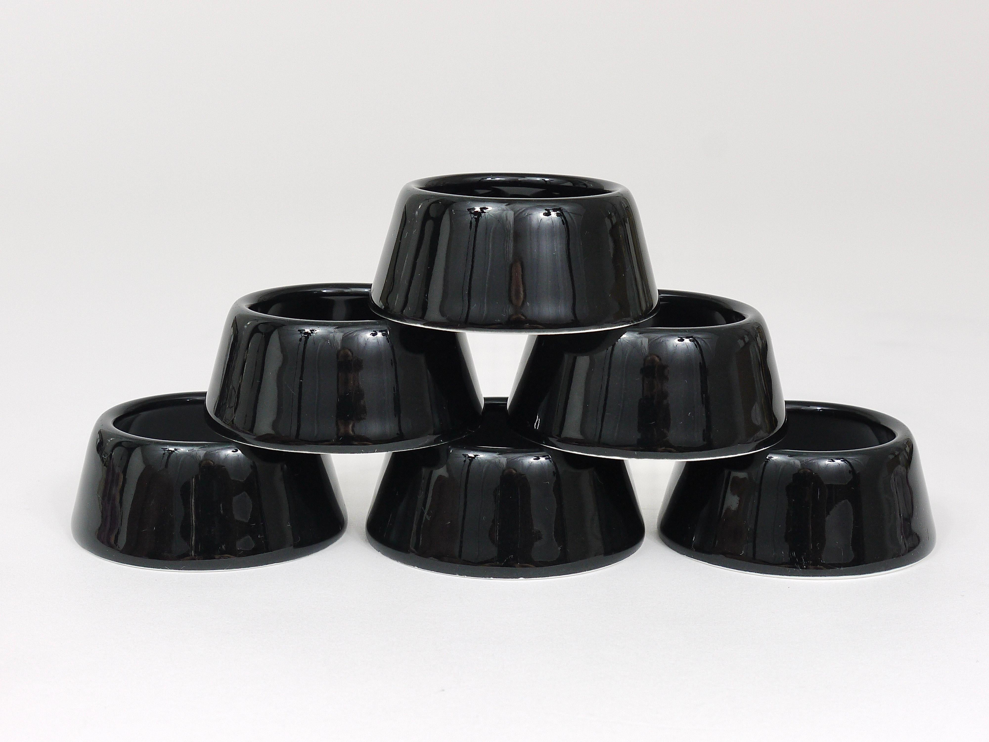 Glazed Set of Six Kaj Franck Arabia Kilta Black Ring Egg Cups, Finland, 1950s For Sale