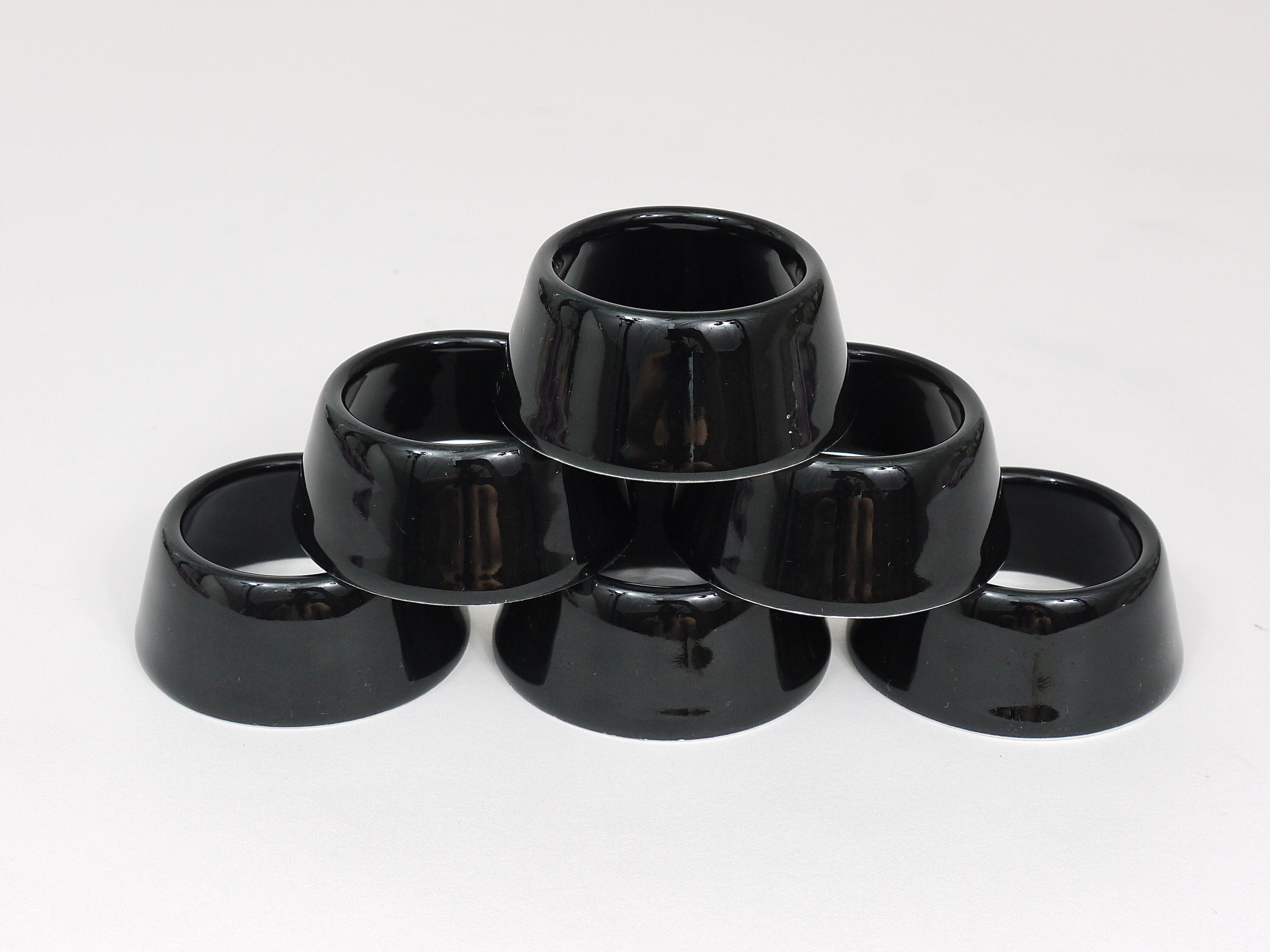 Ceramic Set of Six Kaj Franck Arabia Kilta Black Ring Egg Cups, Finland, 1950s For Sale