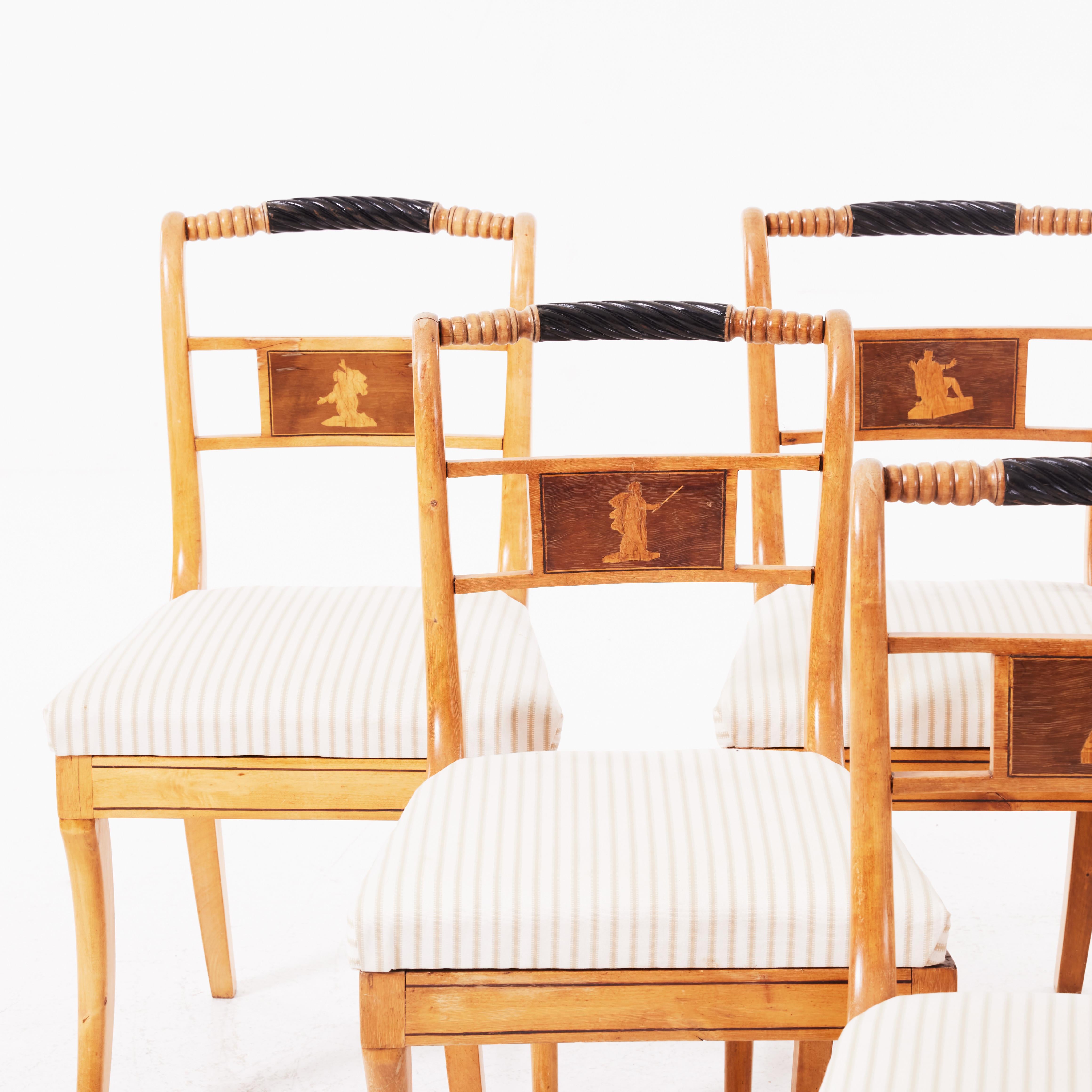 Ebonized Set of Six Karl Johan Upholstered Dining Chairs in Birch For Sale