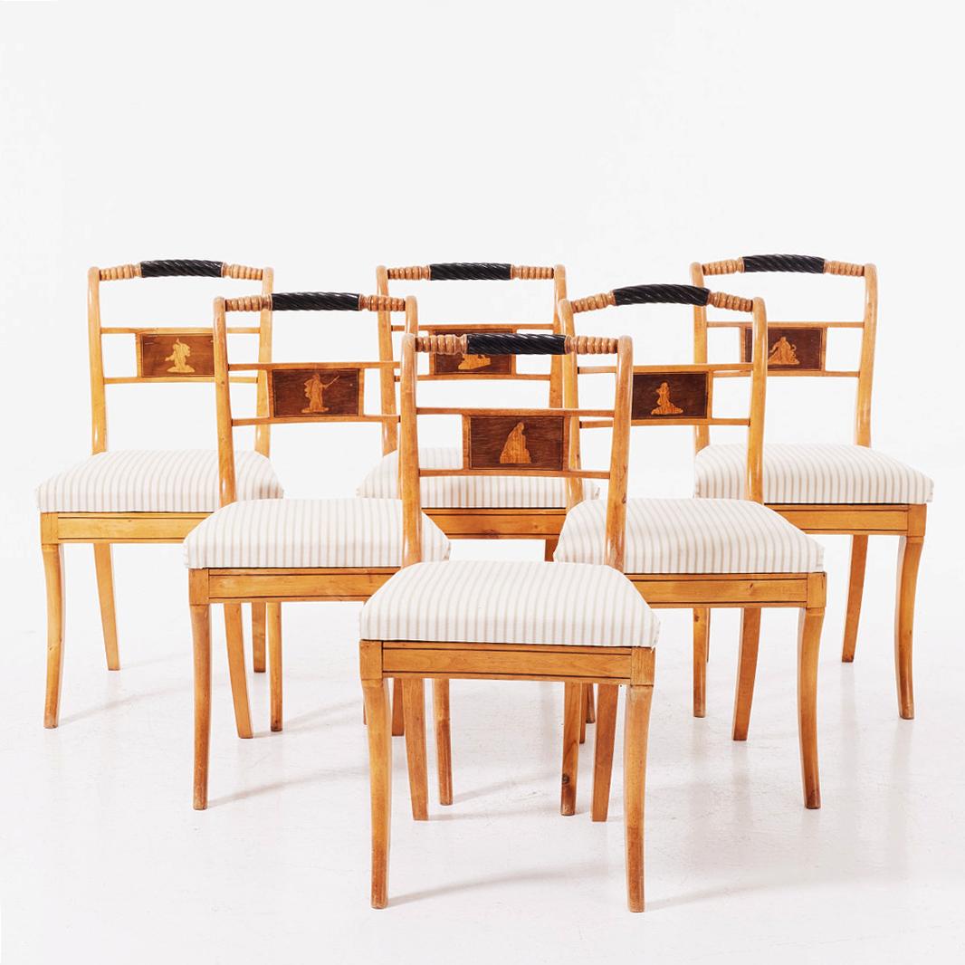 Set of Six Karl Johan Upholstered Dining Chairs in Birch In Fair Condition For Sale In Vienna, AT