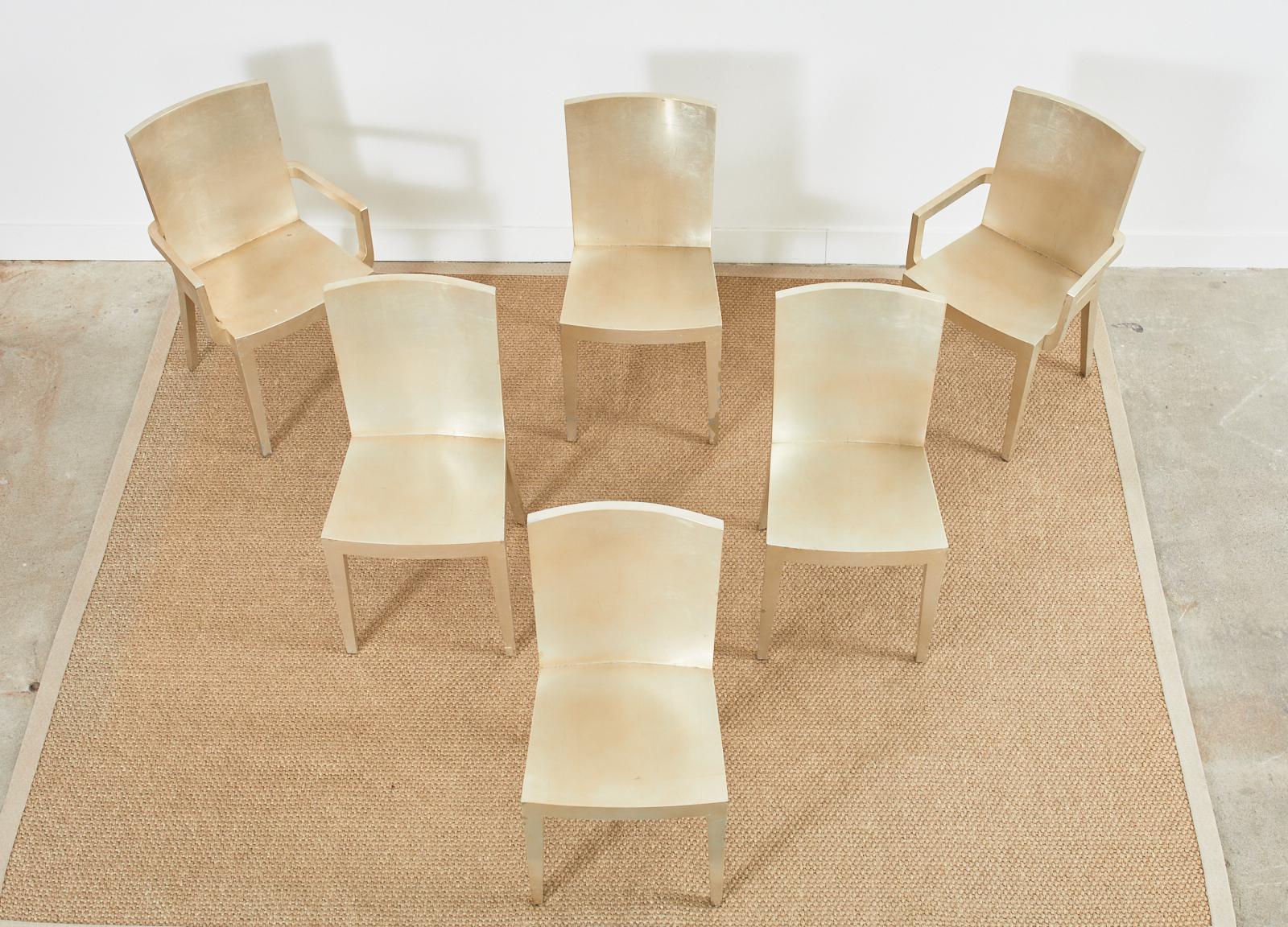 Modern Set of Six Karl Springer JMF Silver Leaf Dining Chairs For Sale