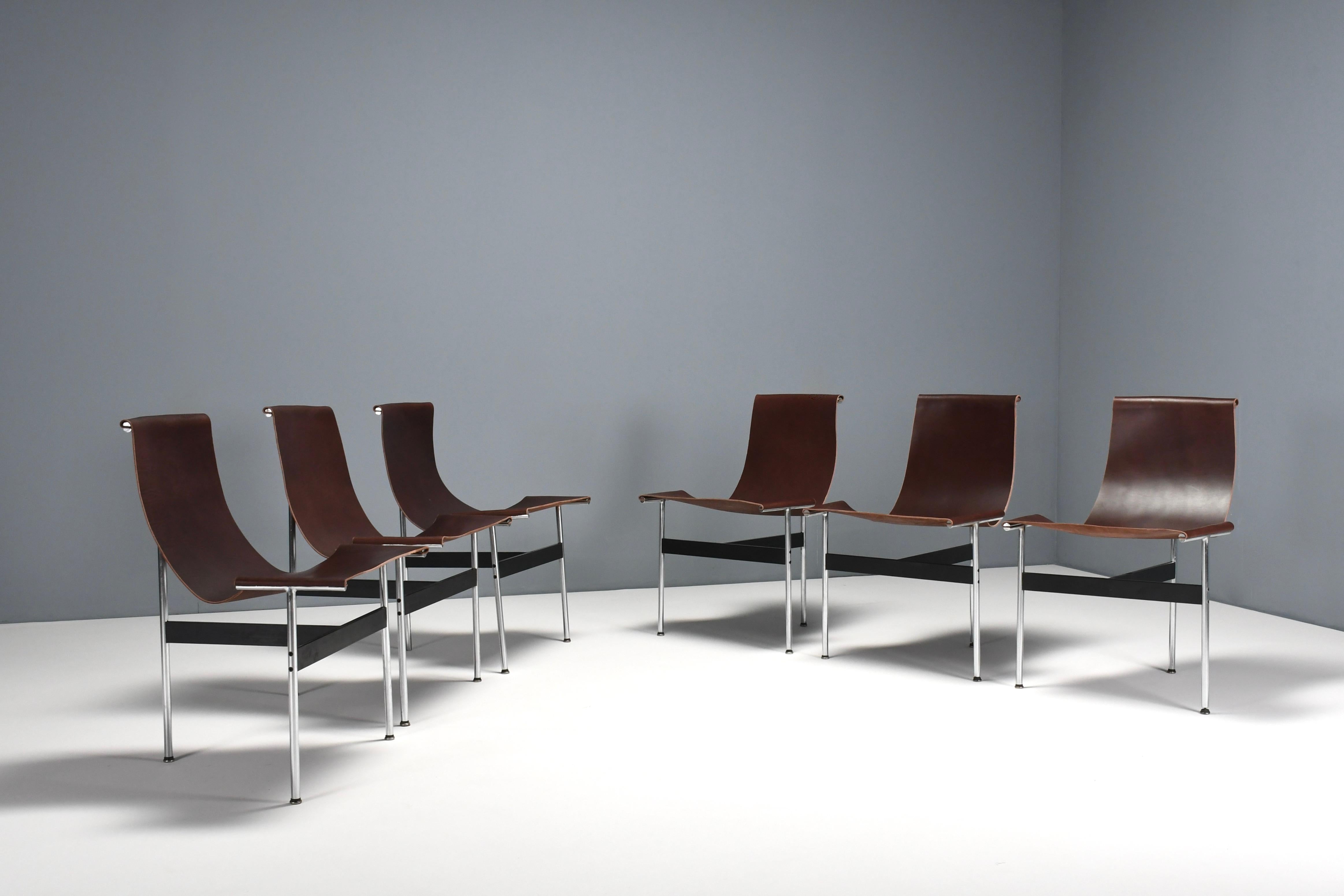 Mid-Century Modern Set of Six Katavolos, Kelley and Littell T-Chairs in Dark Brown Leather, Italy