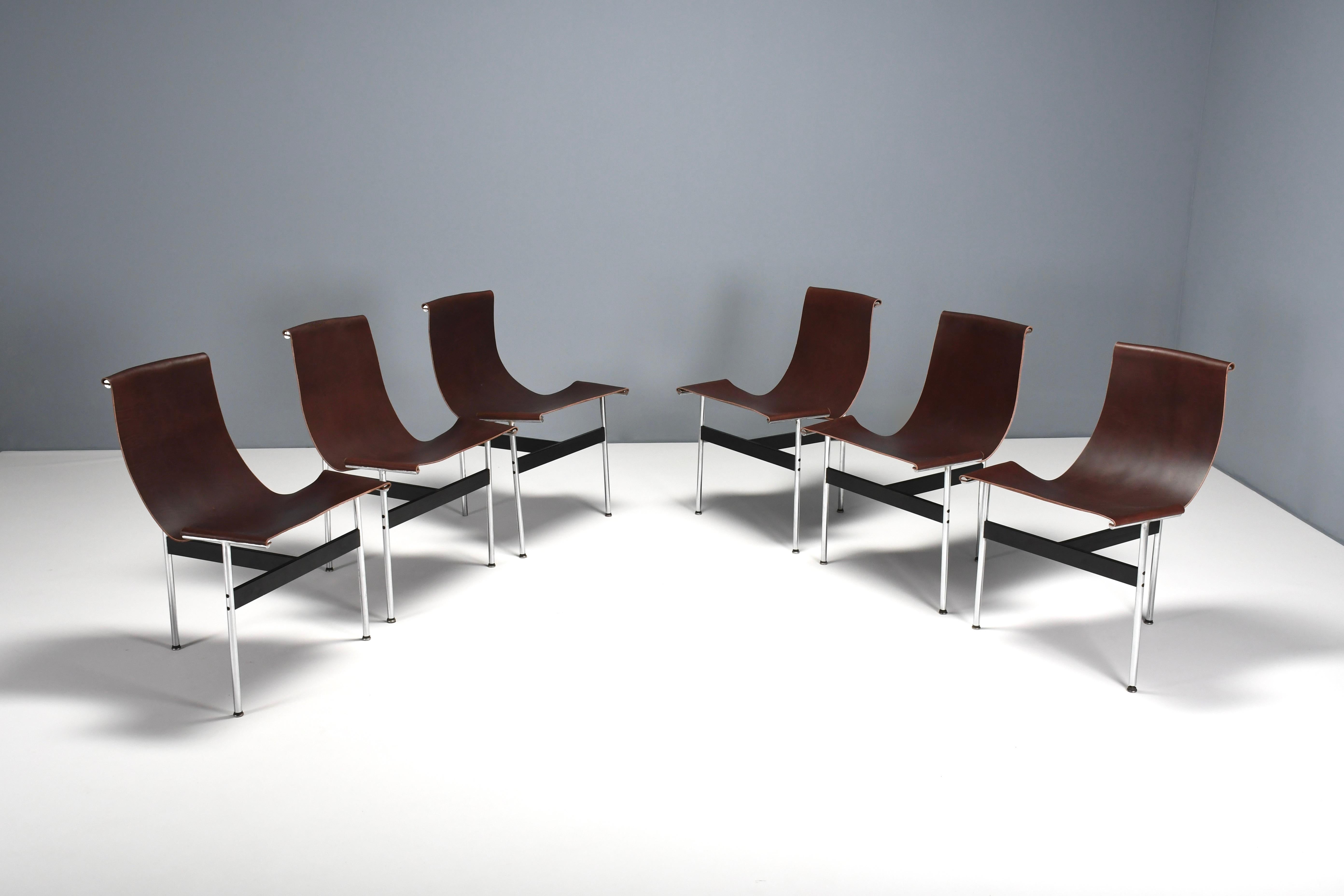 Italian Set of Six Katavolos, Kelley and Littell T-Chairs in Dark Brown Leather, Italy
