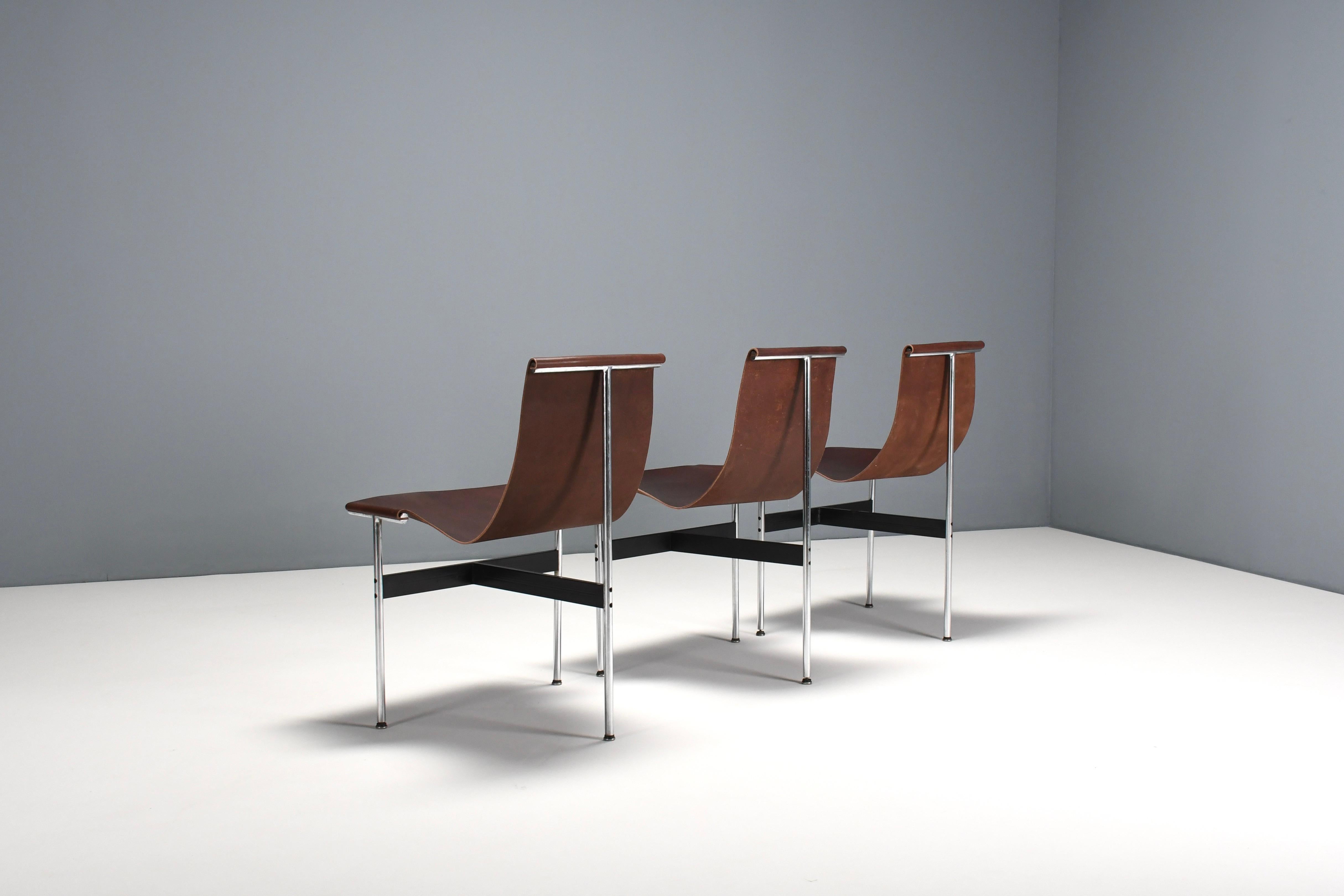 Metal Set of Six Katavolos, Kelley and Littell T-Chairs in Dark Brown Leather, Italy