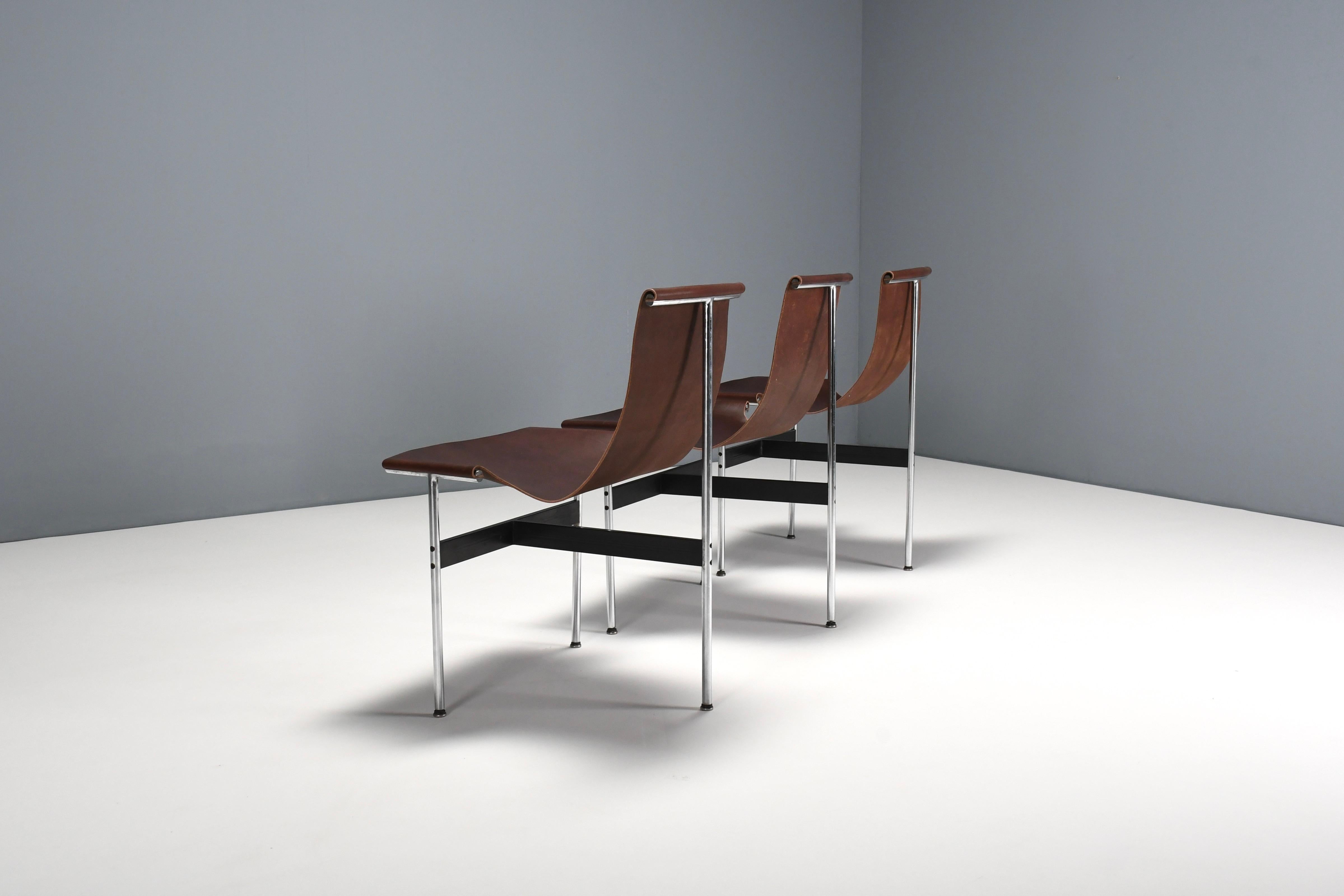 Set of Six Katavolos, Kelley and Littell T-Chairs in Dark Brown Leather, Italy 1
