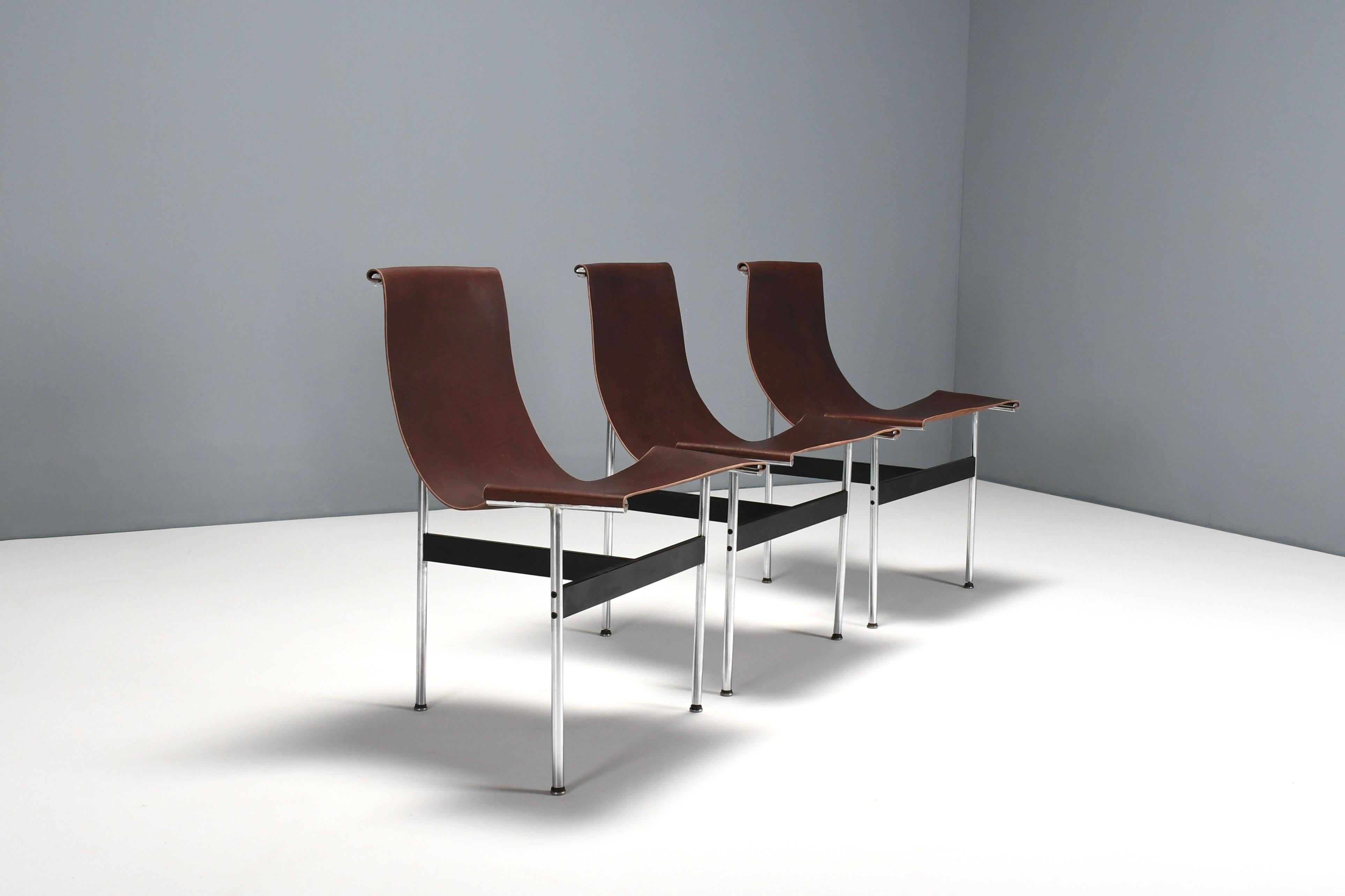 Set of Six Katavolos, Kelley and Littell T-Chairs in Dark Brown Leather, Italy 2