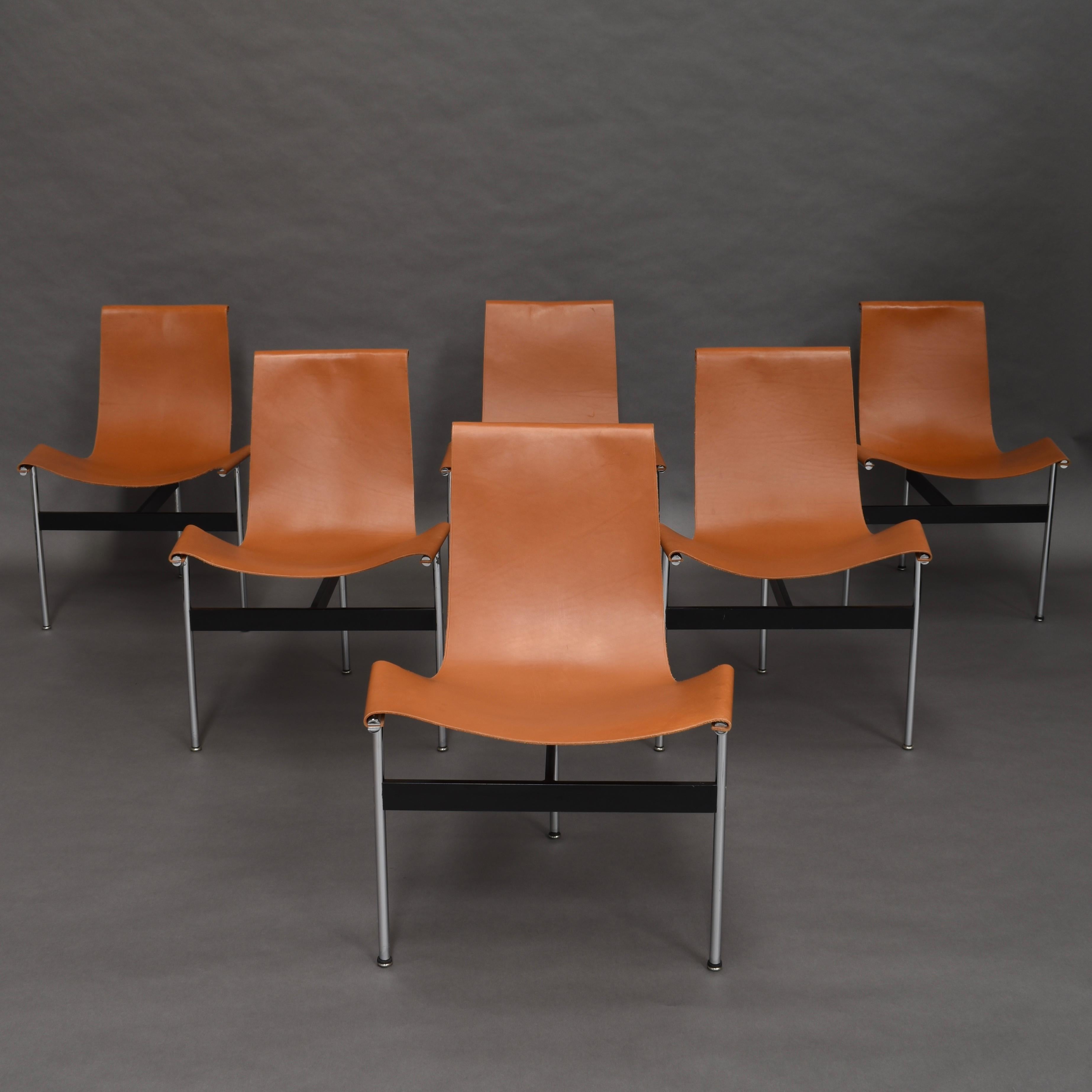 Mid-Century Modern Set of Six Katavolos T-Chairs in Original Tan Leather, USA, 1952