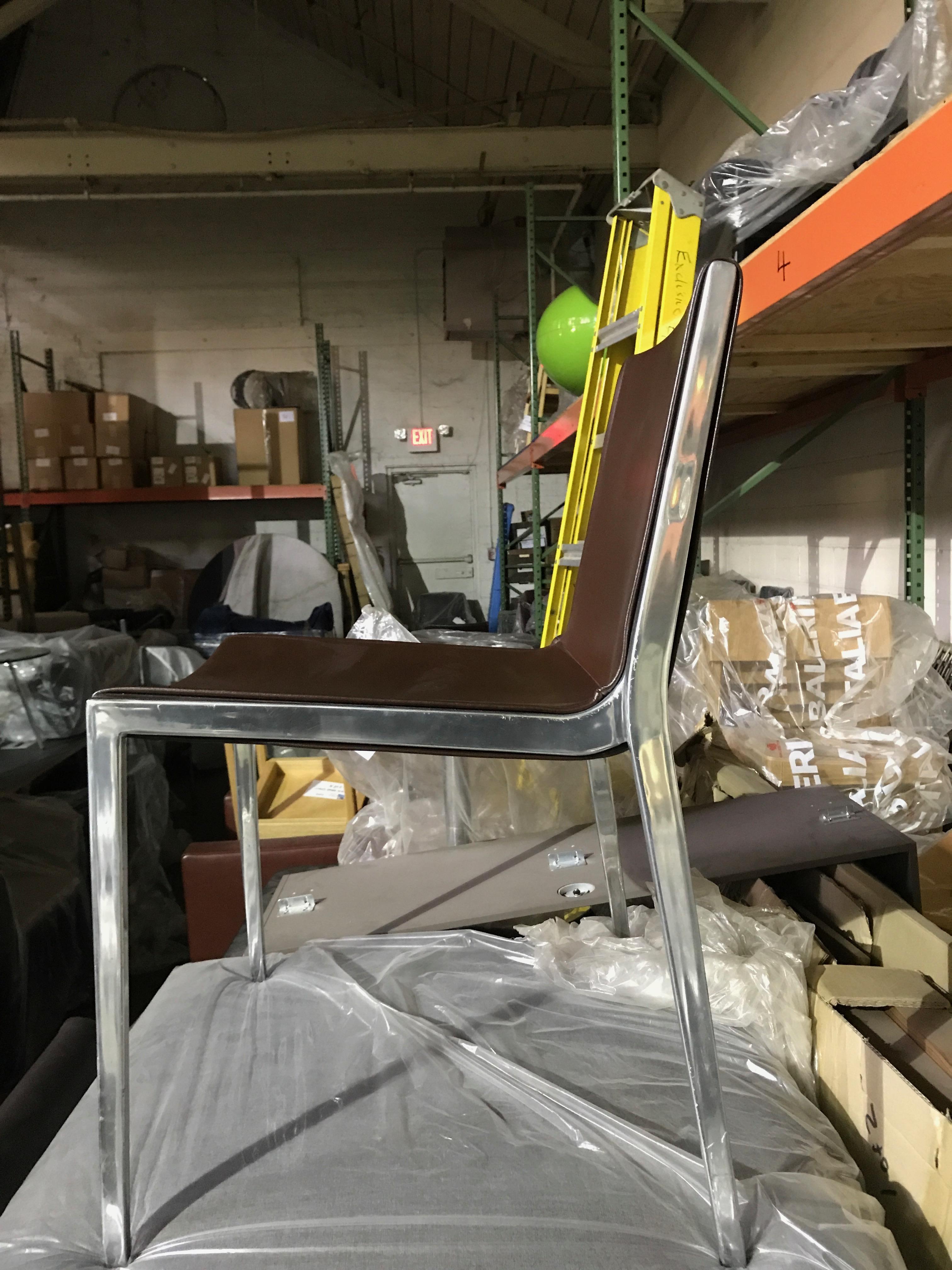Set of Six KFF Unique Stackable Leather Chairs with Polished Aluminum Frame In Excellent Condition In New York, NY