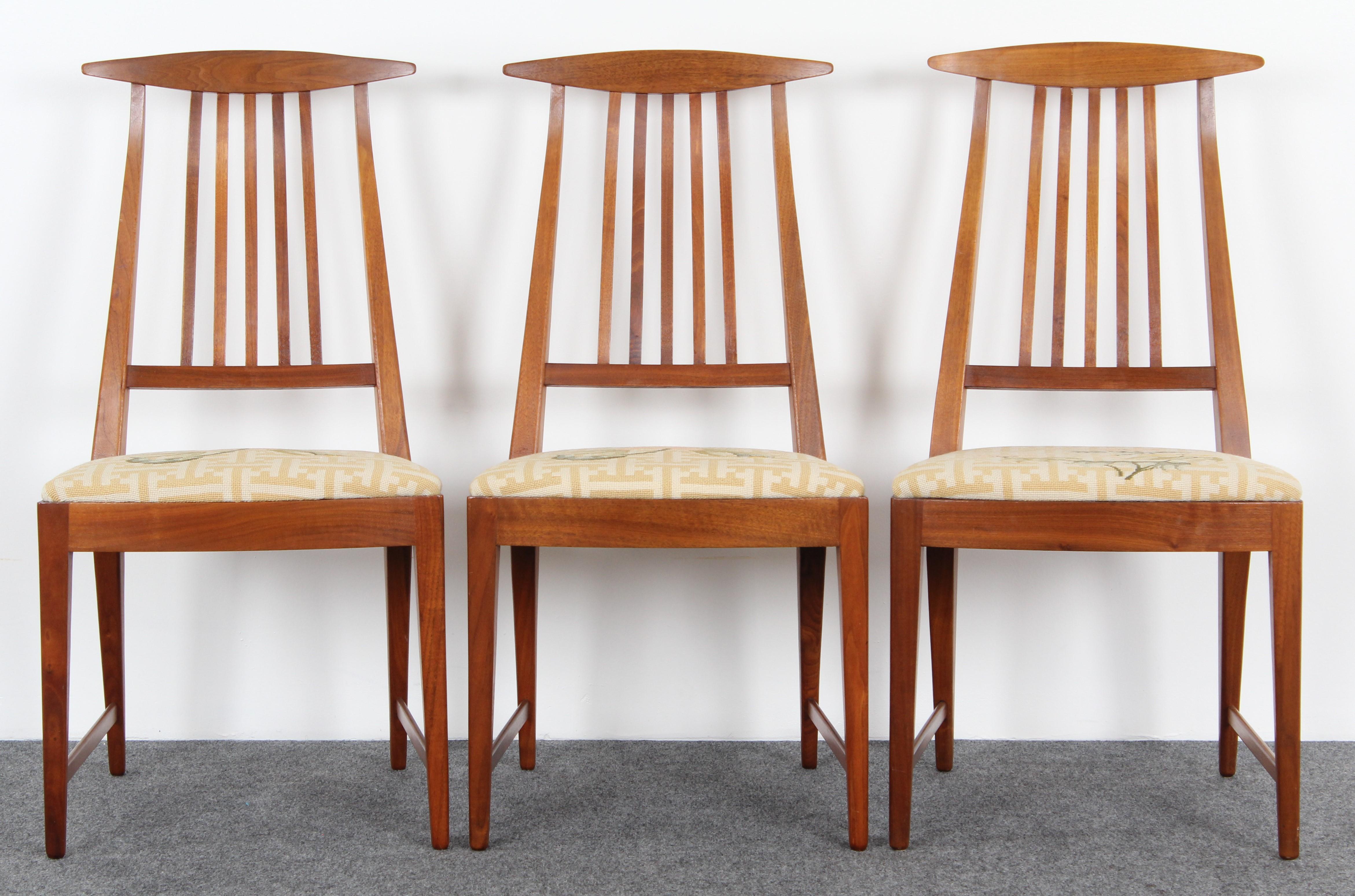 Set of Six Kipp Stewart dining chairs for Calvin, 1950s with hand needlepoint seats. This set of walnut side chairs are structurally sound and very comfortable. Chairs are in good condition with age appropriate wear including some minor dings and