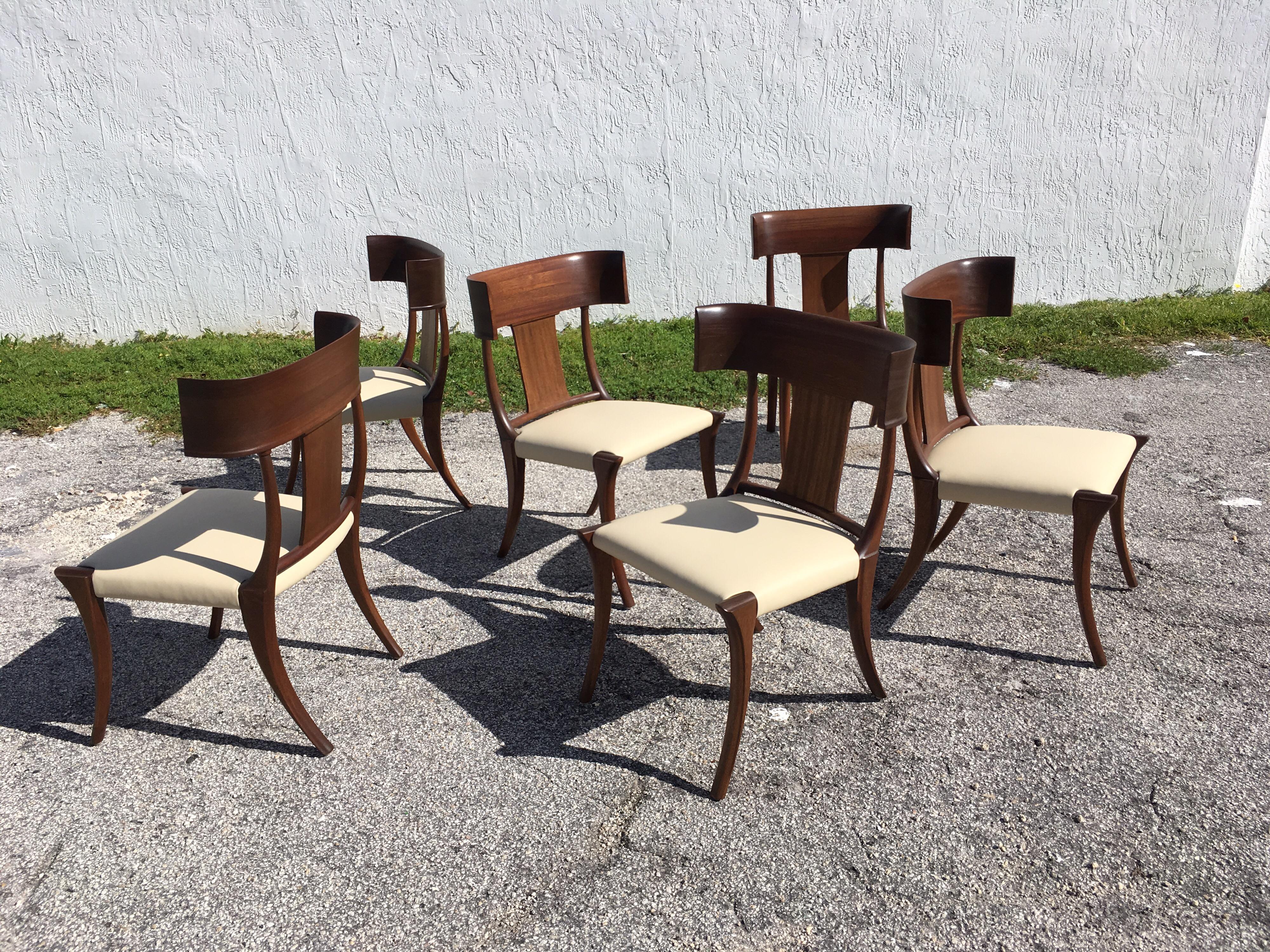Late 20th Century Set of Six Klismos Dining Chairs, Mahogany and Leather, in the Style Gibbings