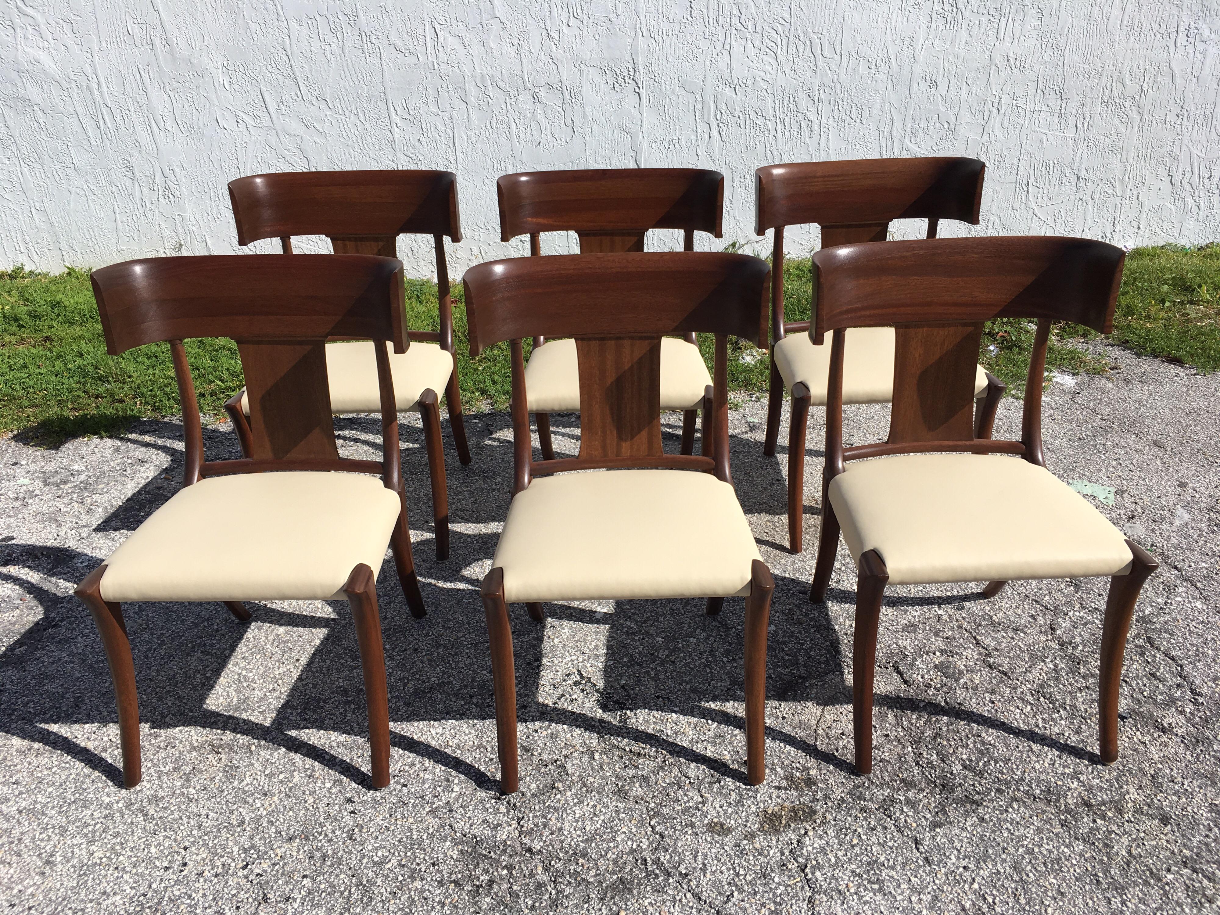 Set of Six Klismos Dining Chairs, Mahogany and Leather, in the Style Gibbings 2