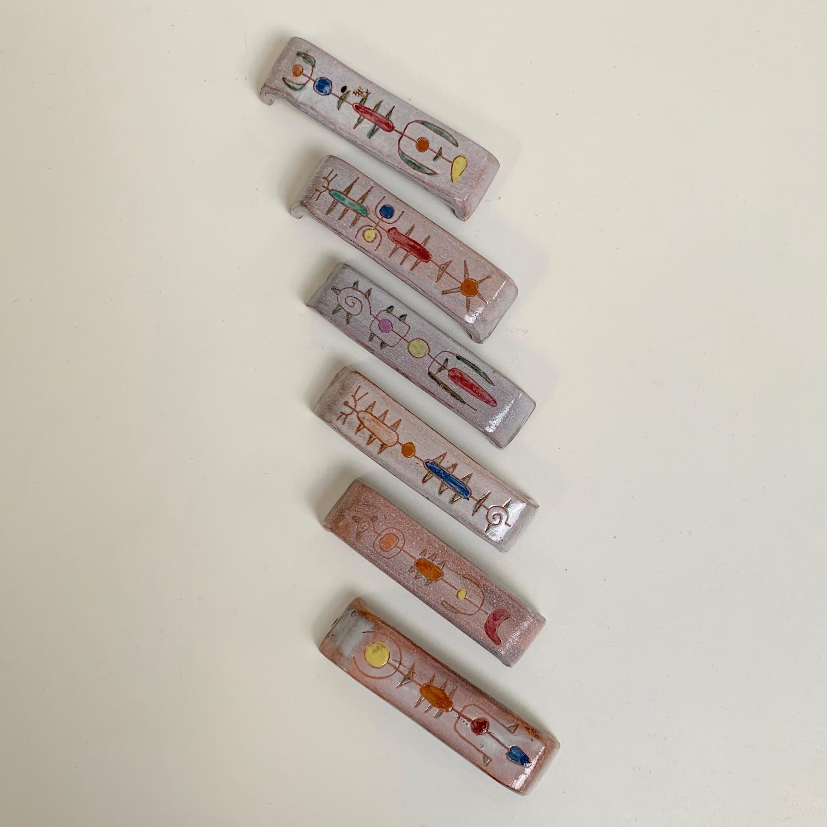 French Set of six knife holders signed by Jean Rivier, circa 1960, Vallauris, France. For Sale
