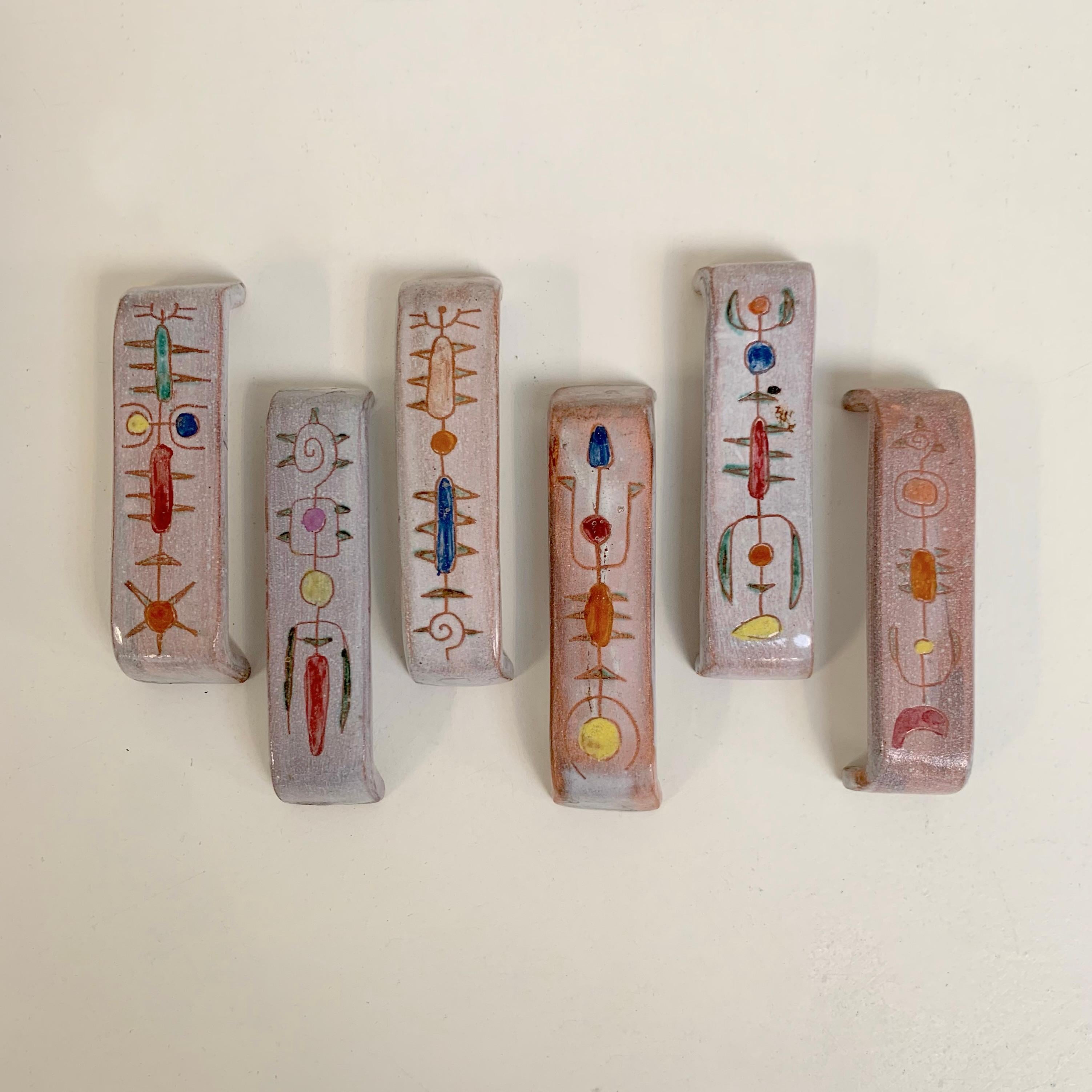 Enameled Set of six knife holders signed by Jean Rivier, circa 1960, Vallauris, France. For Sale