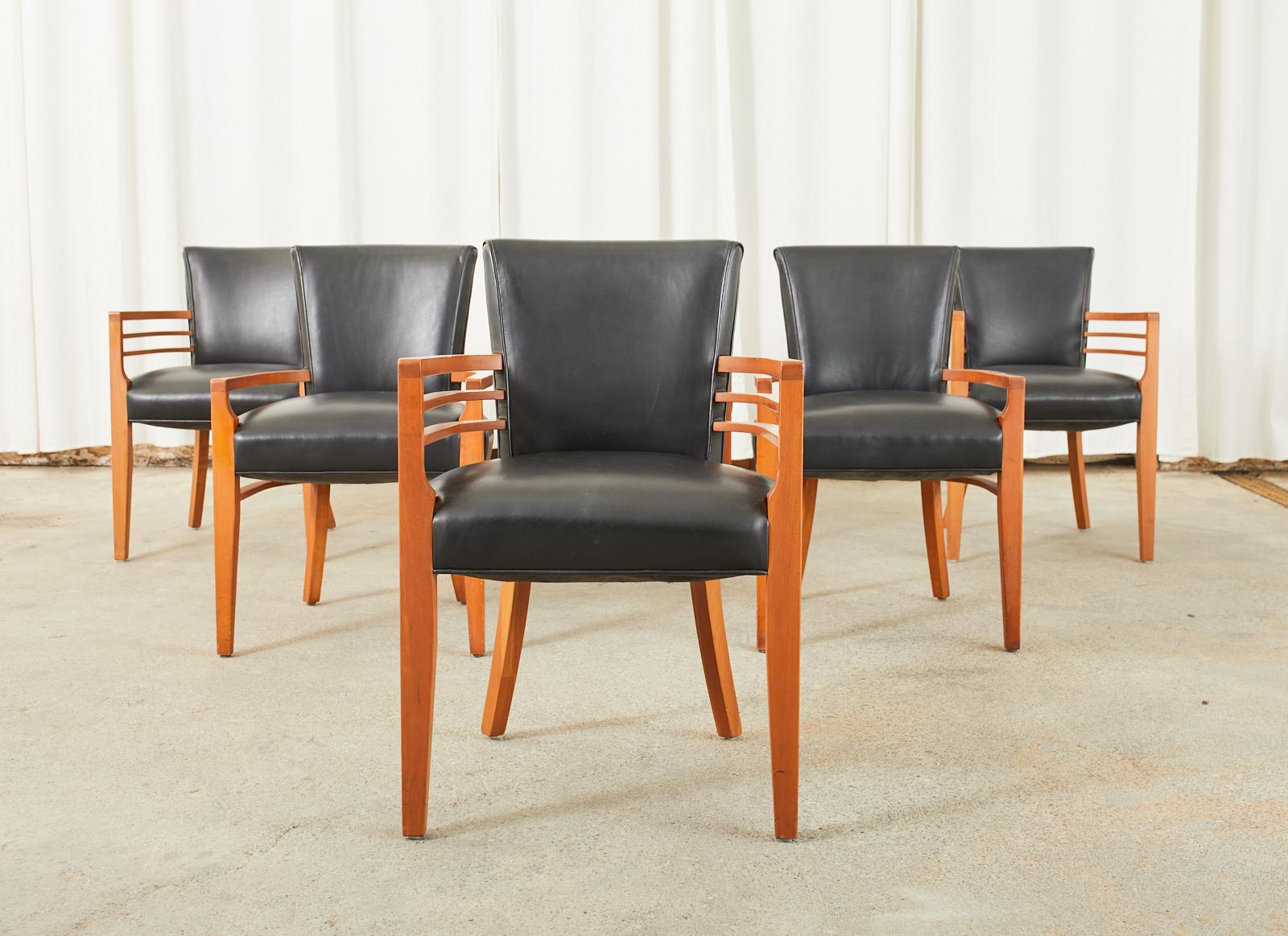 American Set of Six Knoll Art Deco Style Leather Dining Armchairs  For Sale