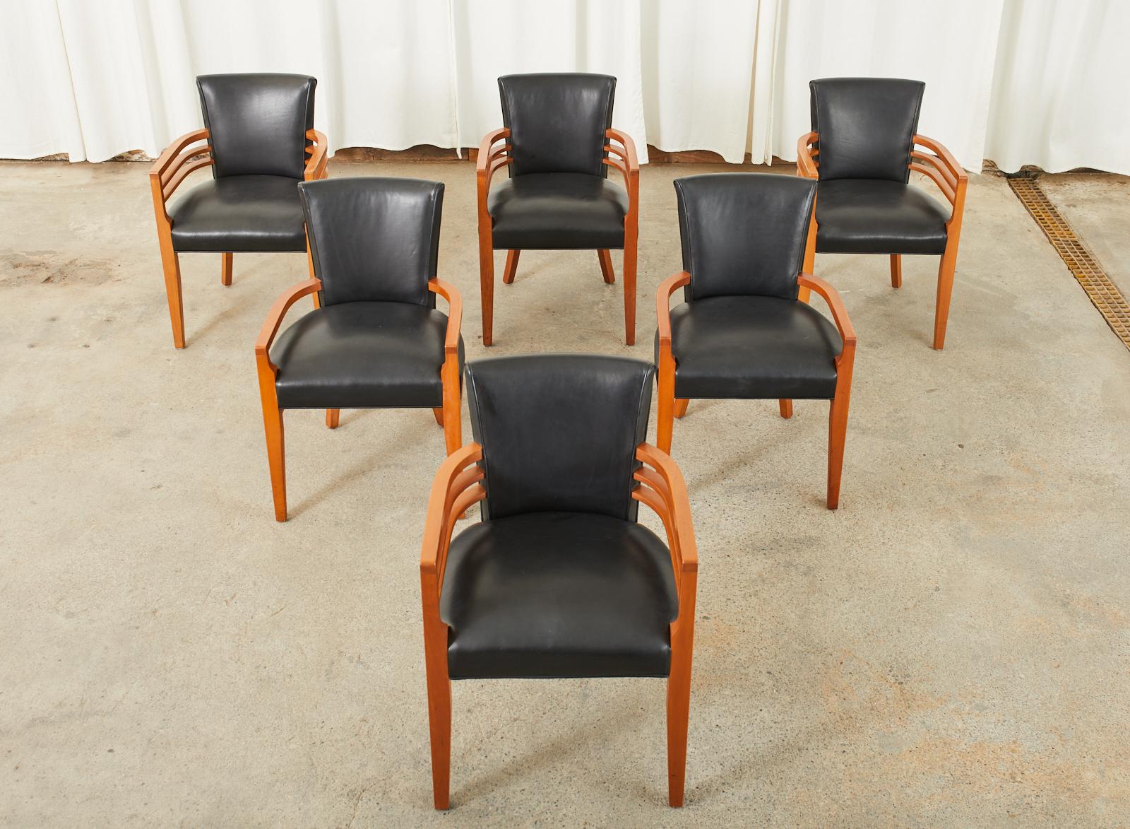 Hand-Crafted Set of Six Knoll Art Deco Style Leather Dining Armchairs  For Sale