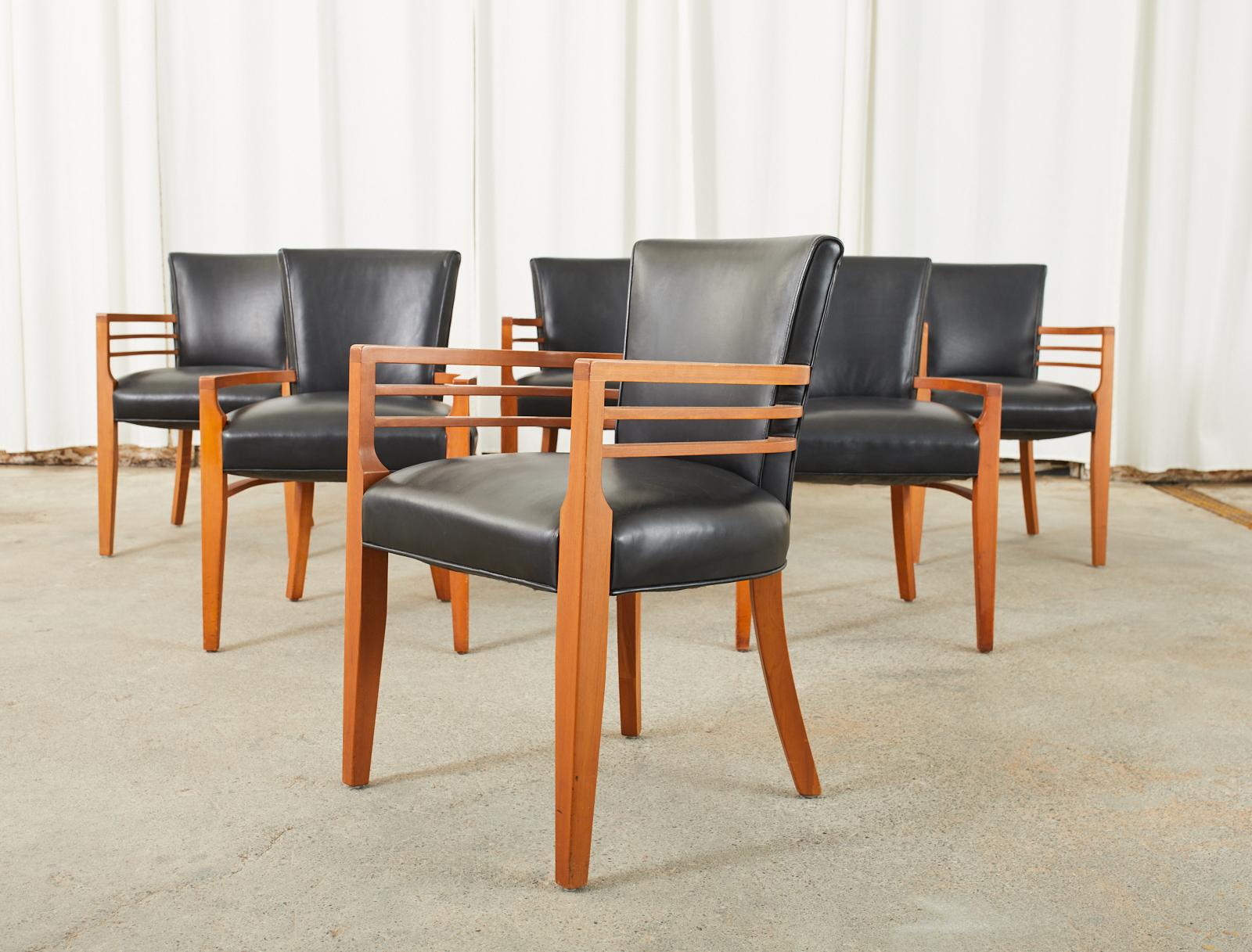 Set aus sechs Knoll-Esszimmerstühlen aus Leder im Art-déco-Stil  (Handgefertigt) im Angebot