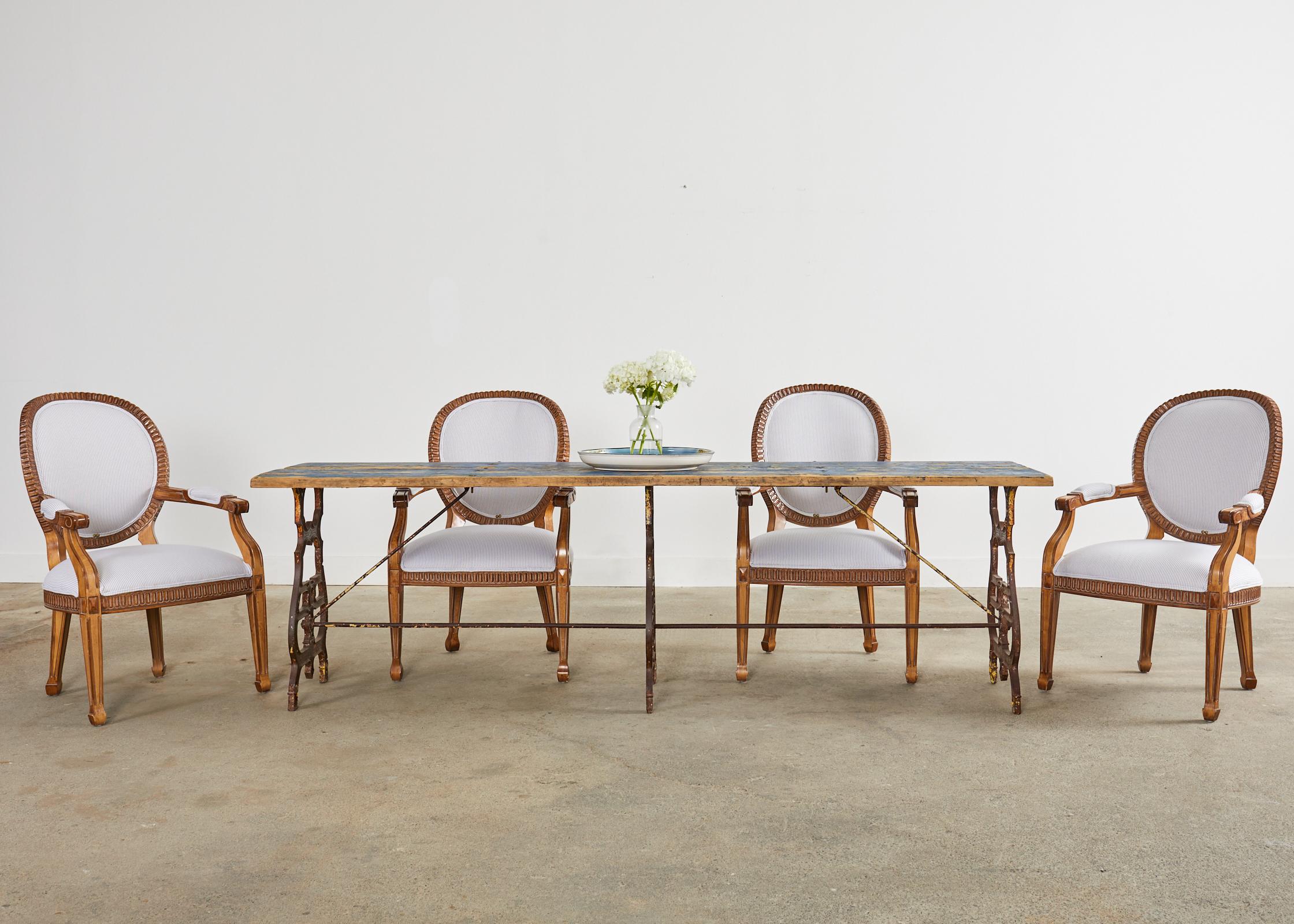 Gorgeous set of six hand-carved dining armchairs by Kreiss Interior Design Los Angeles, CA. The Peninsula armchair is crafted by California artisans in the French Louis XVI inspiration with a dramatic large round back. The generous frames are