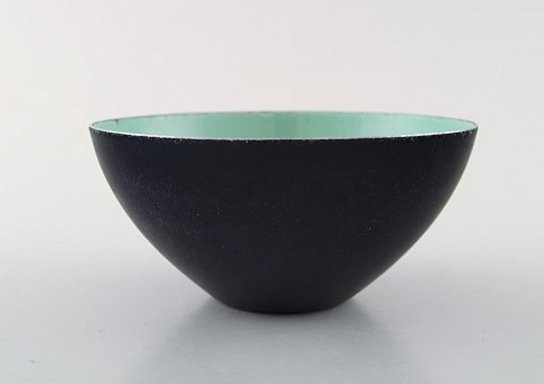 Scandinavian Modern Set of Six Krenit Bowls by Herbert Krenchel, Black Metal and Mint Green Enamel For Sale