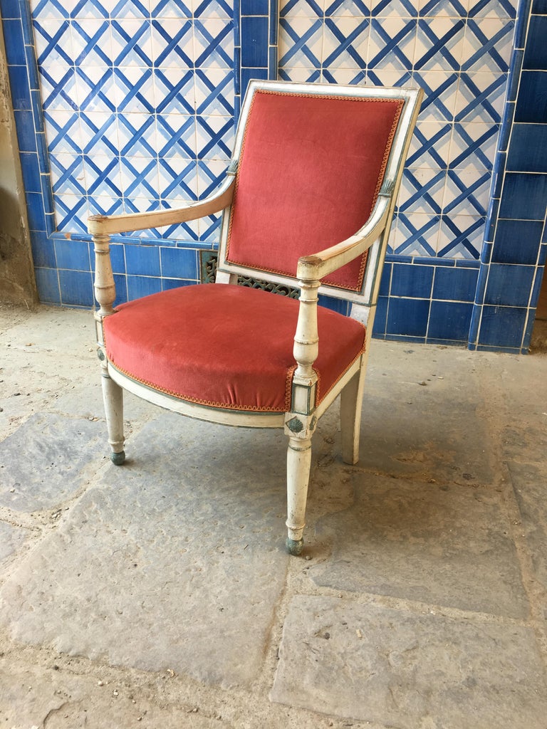 Set of Six Lacquered Wood and Velvet Seat French Provincial Armchairs