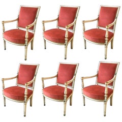 Set of Six Lacquered Wood and Velvet Seat French Provincial Armchairs from 1890s
