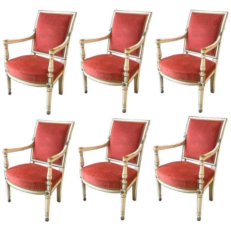 Set of Six Lacquered Wood and Velvet Seat French Provincial Armchairs