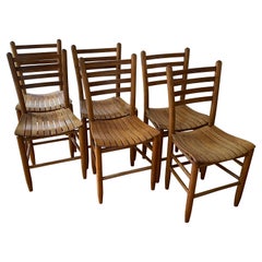 Set of Six Ladder Back Oak Country Dining Chairs, Bentwood Seats, North Carolina