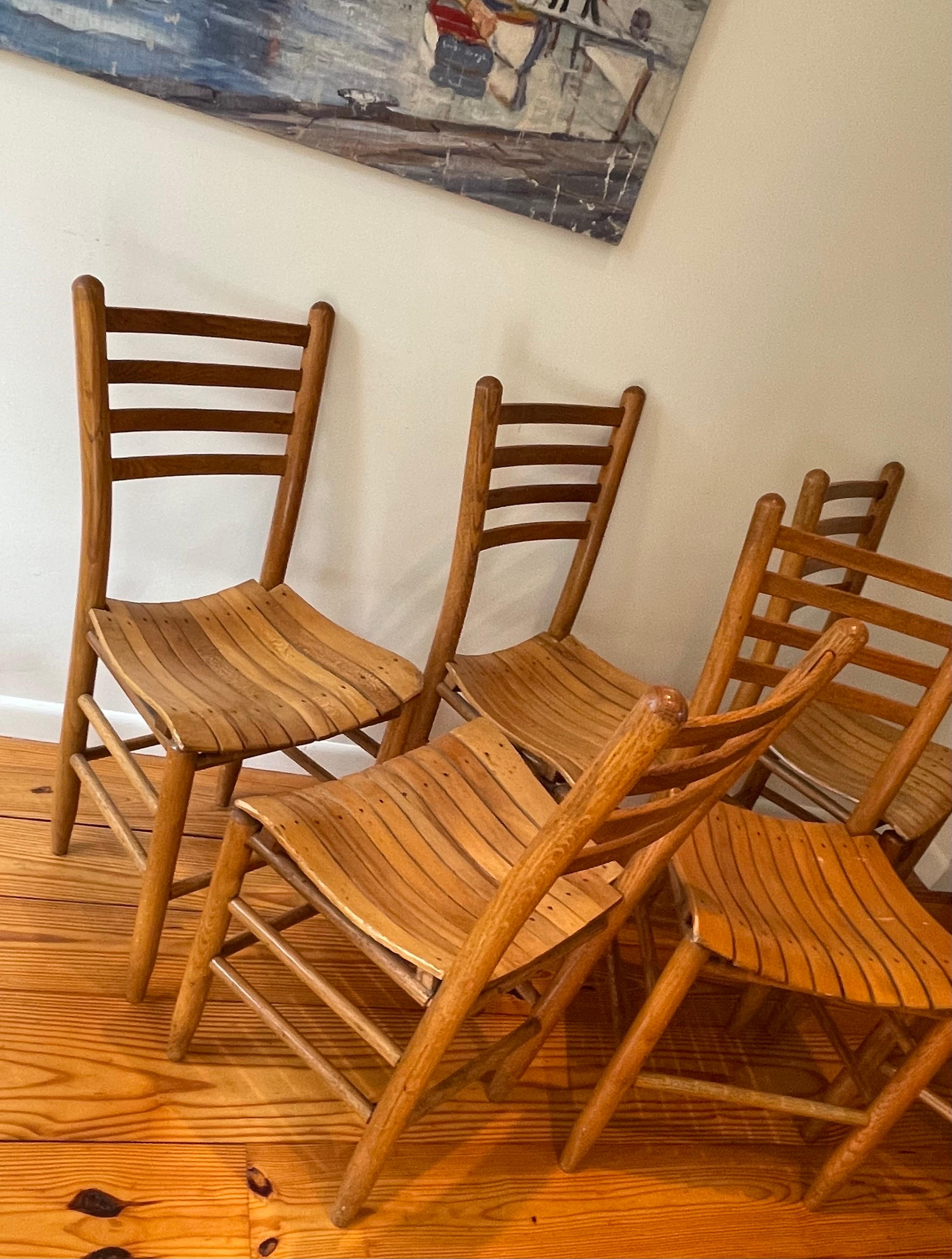 Set of Six Ladder Back Oak Country Dining Chairs, Bentwood Seats, North Carolina 4