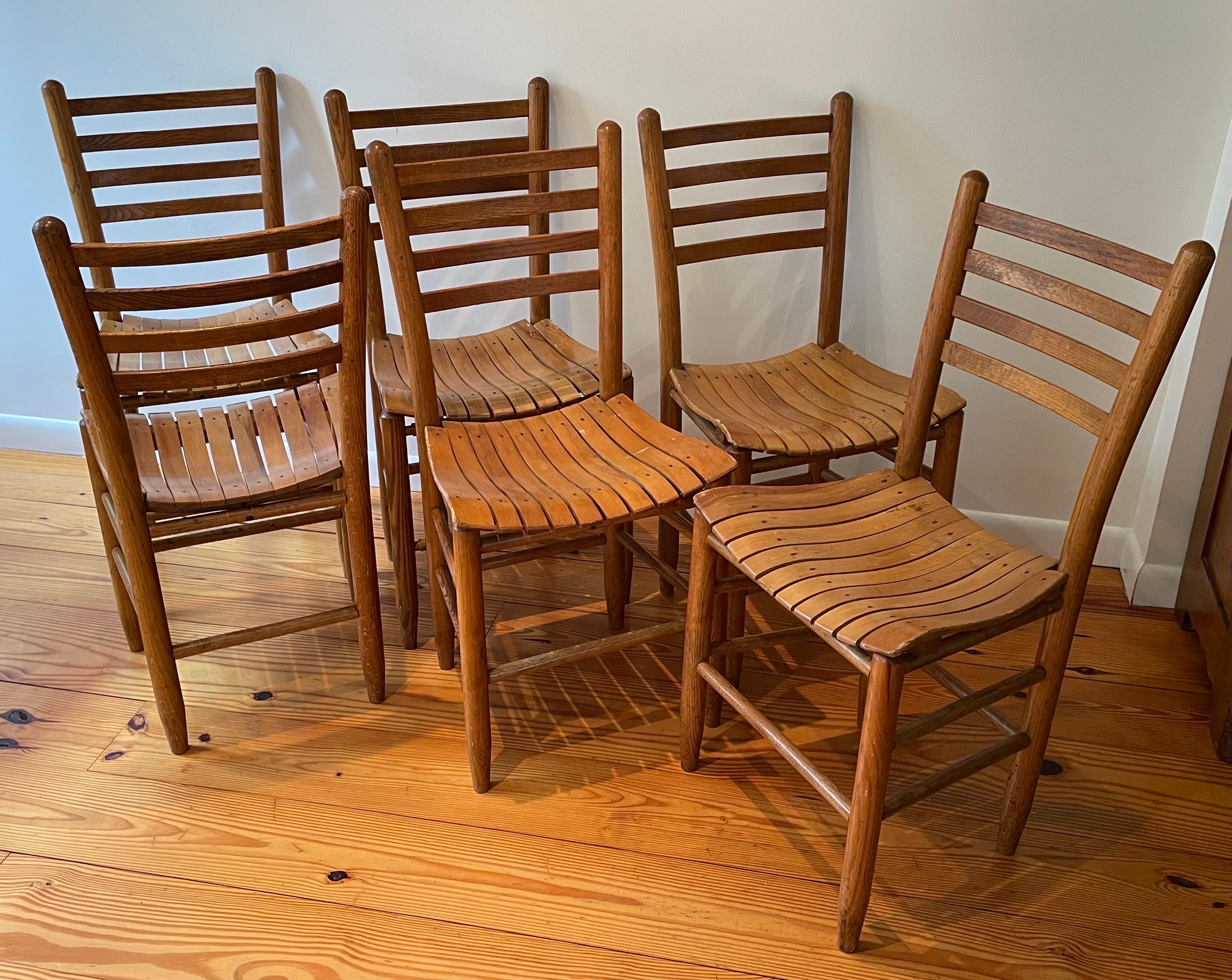Very nice set of six ladder back country dining chairs with bentwood slat seats, North Carolina, 1950's.