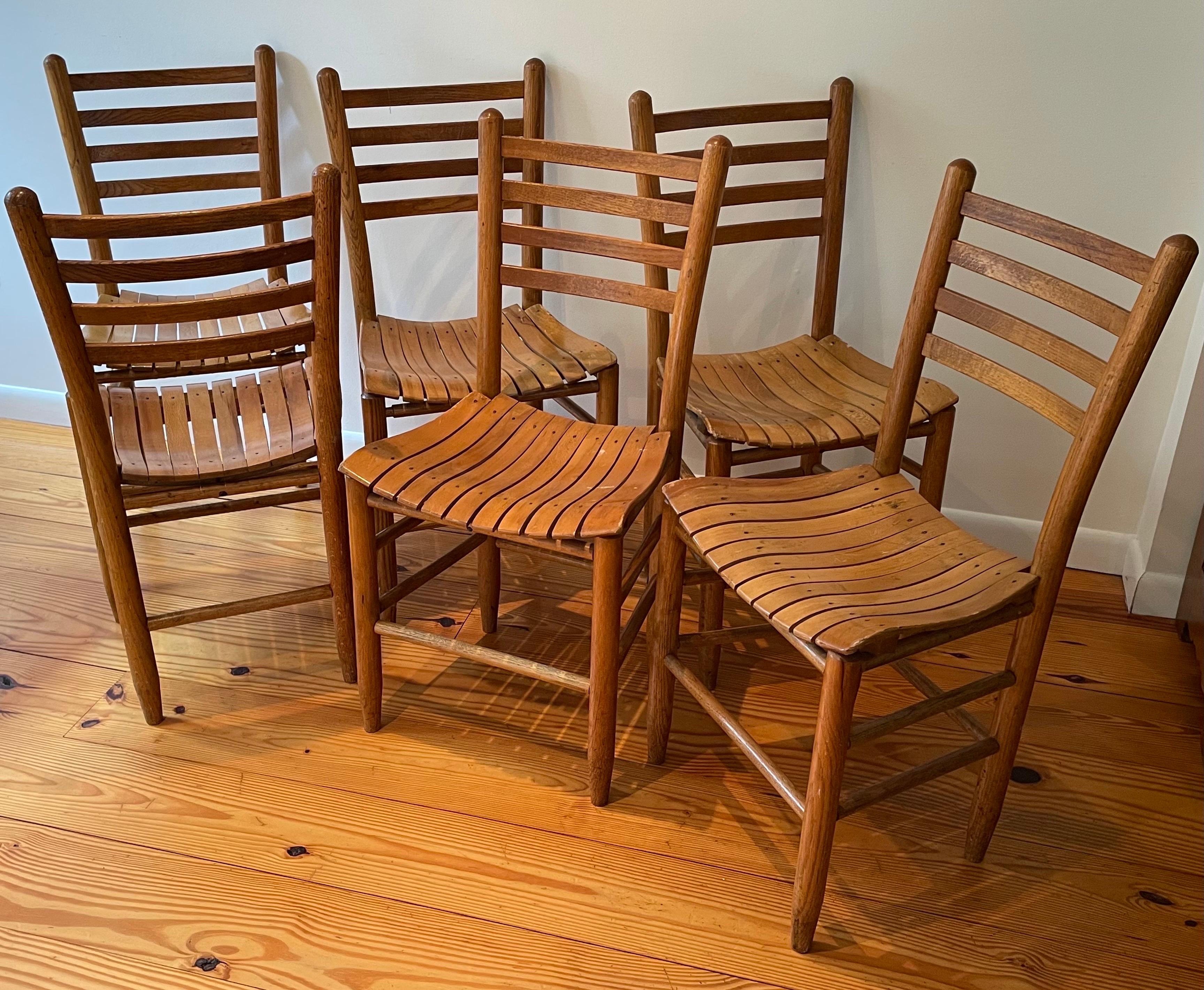 Rustic Set of Six Ladder Back Oak Country Dining Chairs, Bentwood Seats, North Carolina