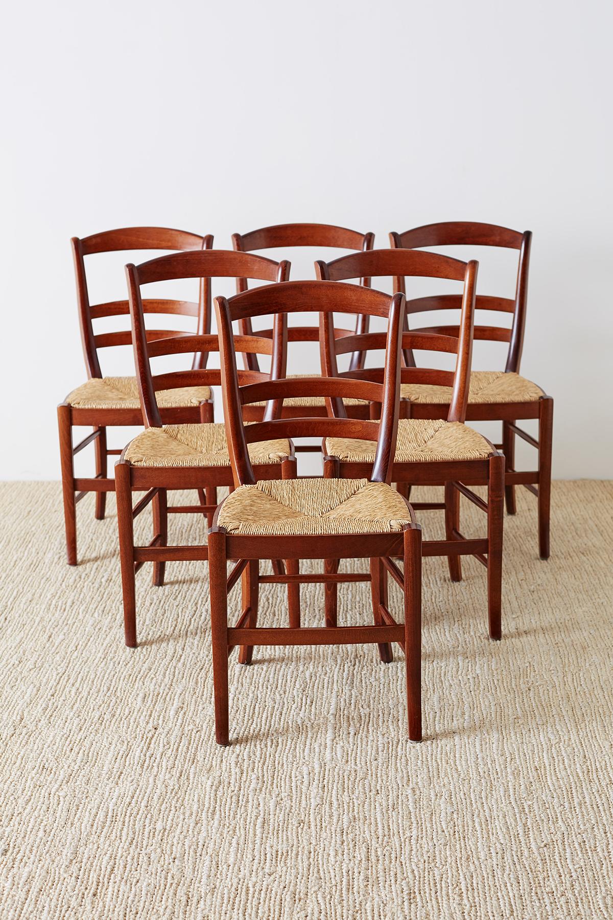 Italian Set of Six Ladder-Back Rush Seat Dining Chairs