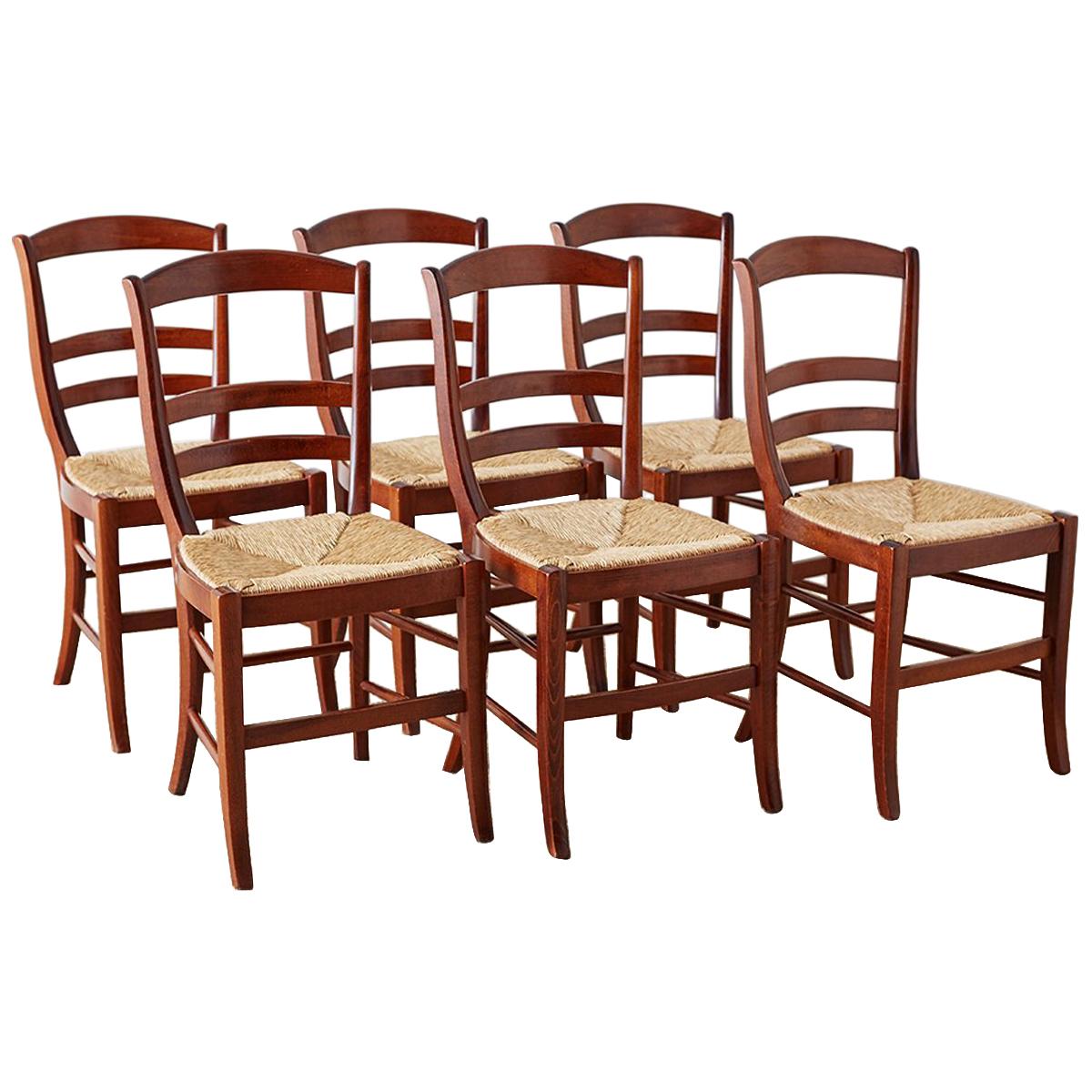 Set of Six Ladder-Back Rush Seat Dining Chairs