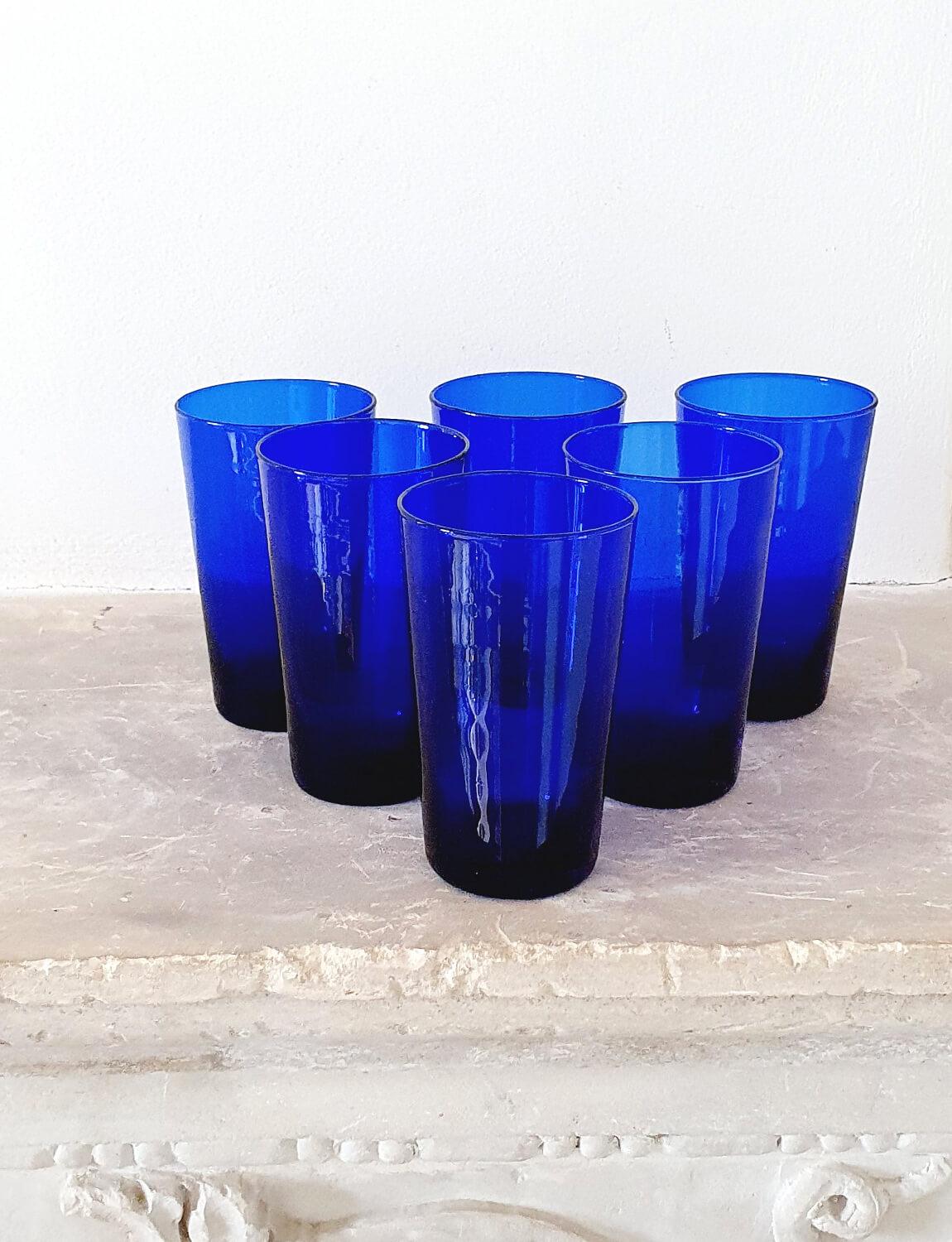 Blown Glass Set of six large blue 1950s Empoli water glasses For Sale
