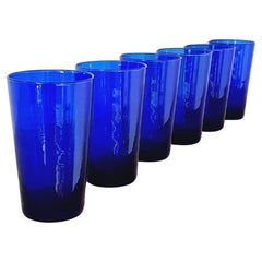 Retro Set of six large blue 1950s Empoli water glasses