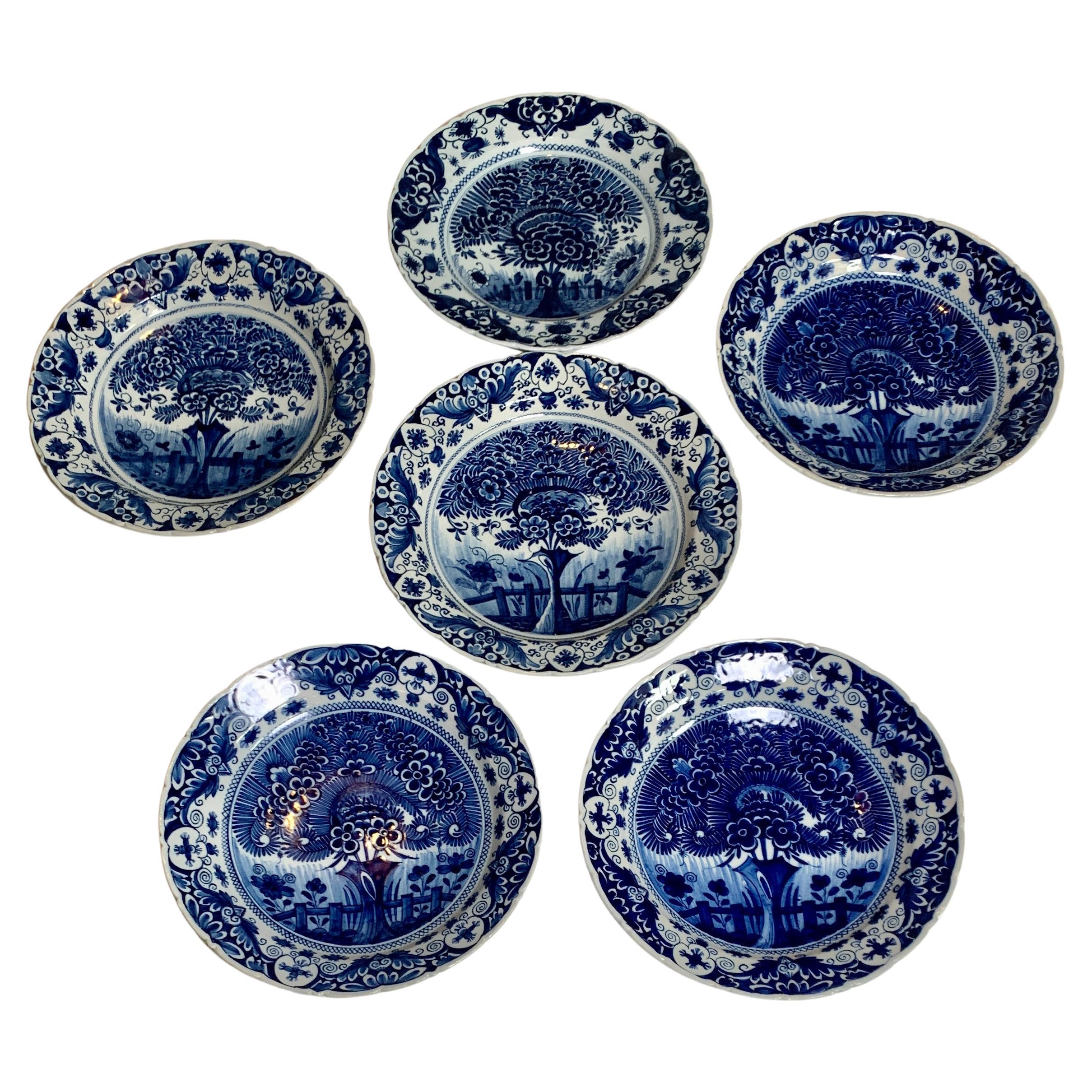 Set of Six Large Blue and White Delft Chargers Hand-Painted 18th-Century