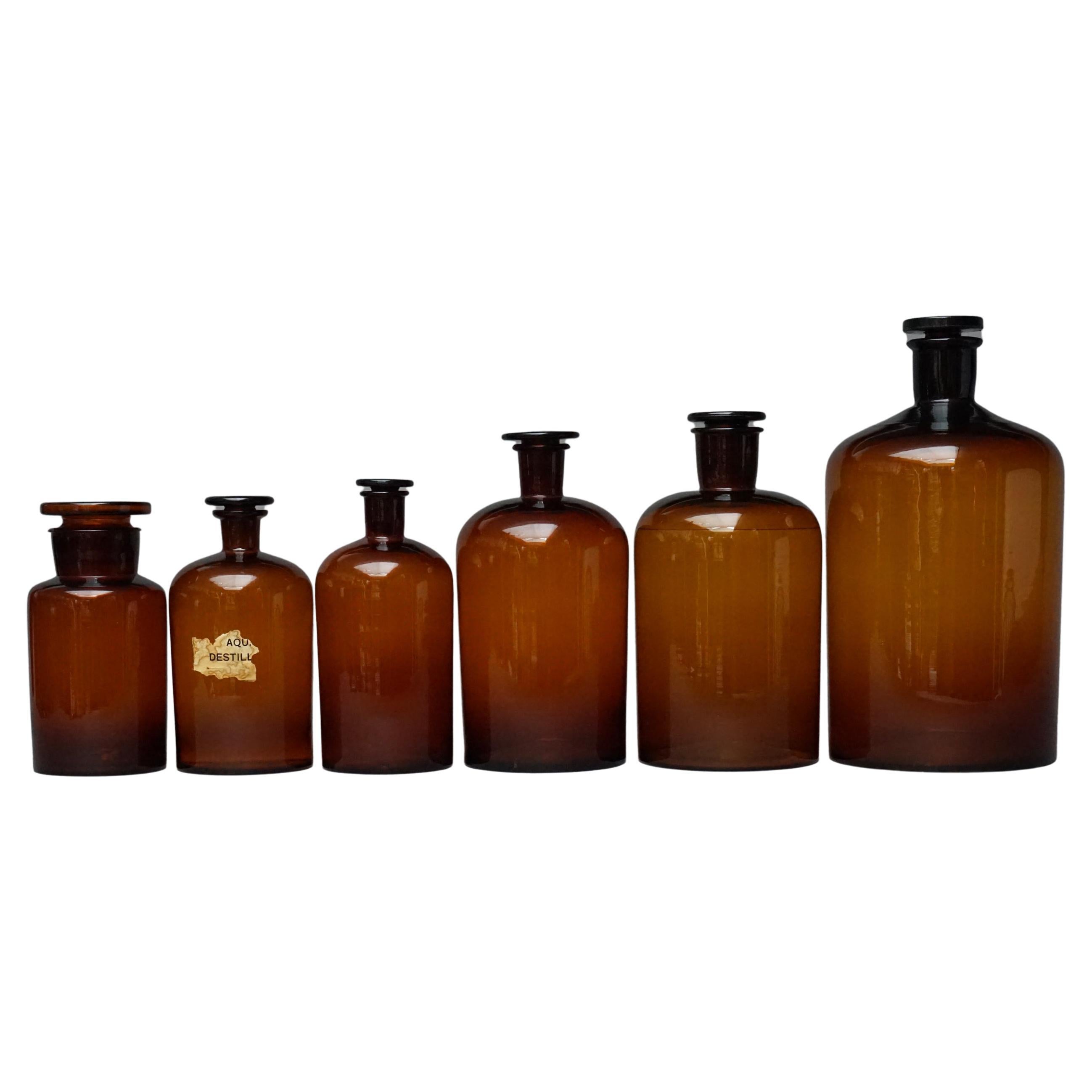 Set of Six Large Early 20th Century German Amber Glass Apothecary Jars with Lid