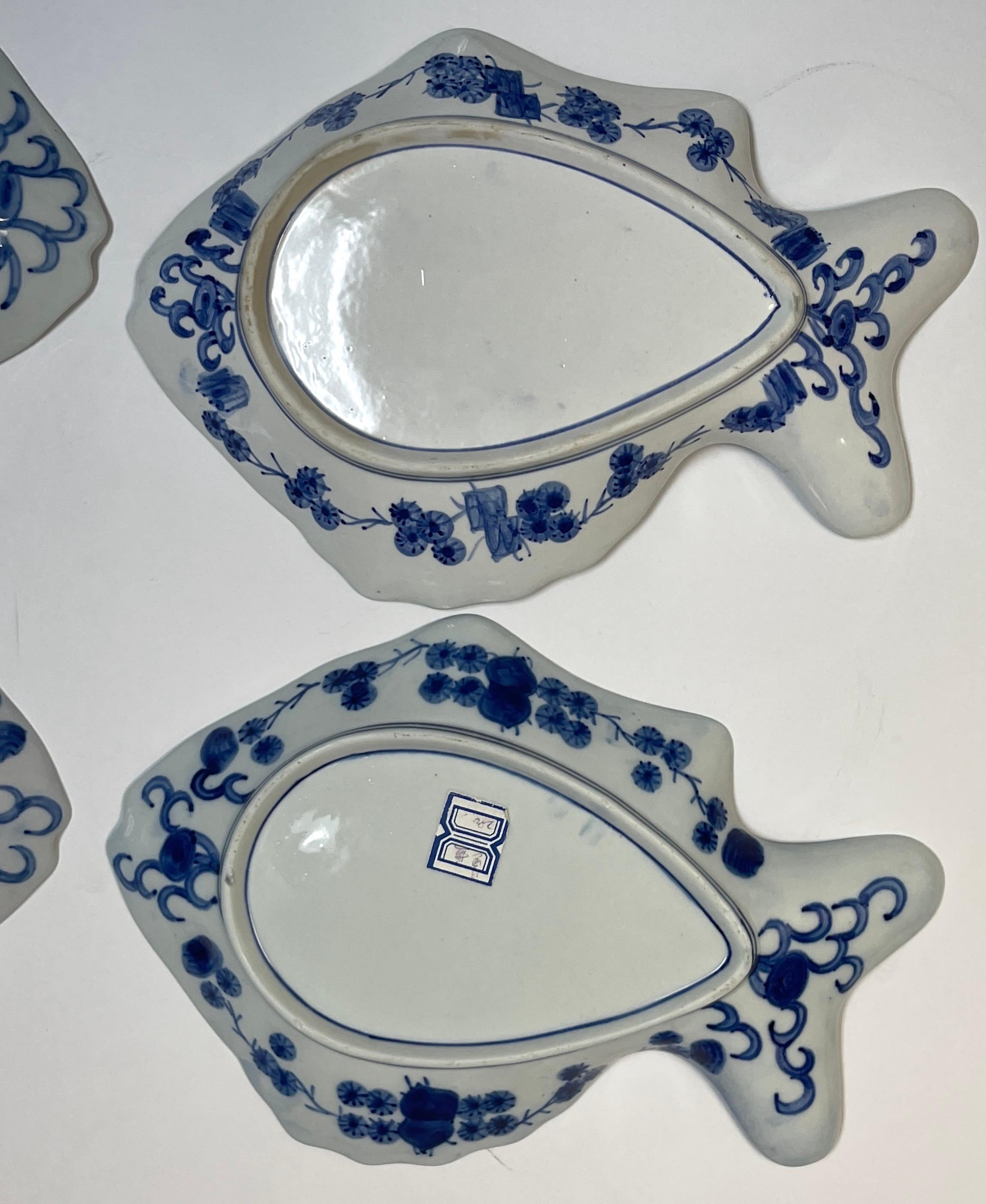 Set of Six Large Fukagawa Blue & White Fish Plates 1