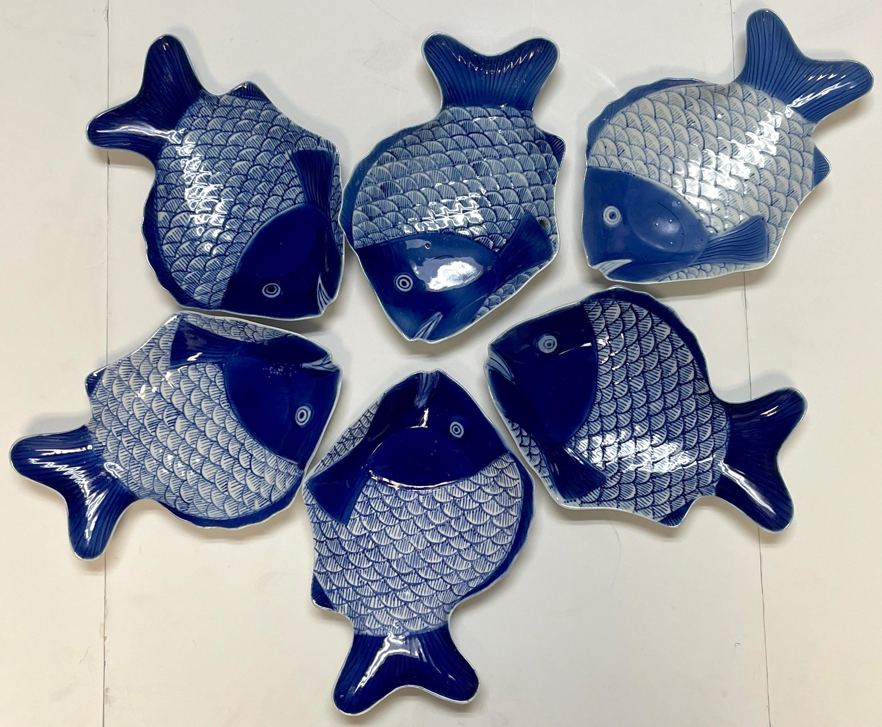 Set of Six Large Fukagawa Blue & White Fish Plates
Each one hand painted and enameled, one in a lighter hue of blue.