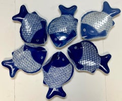 Set of Six Large Fukagawa Blue & White Fish Plates